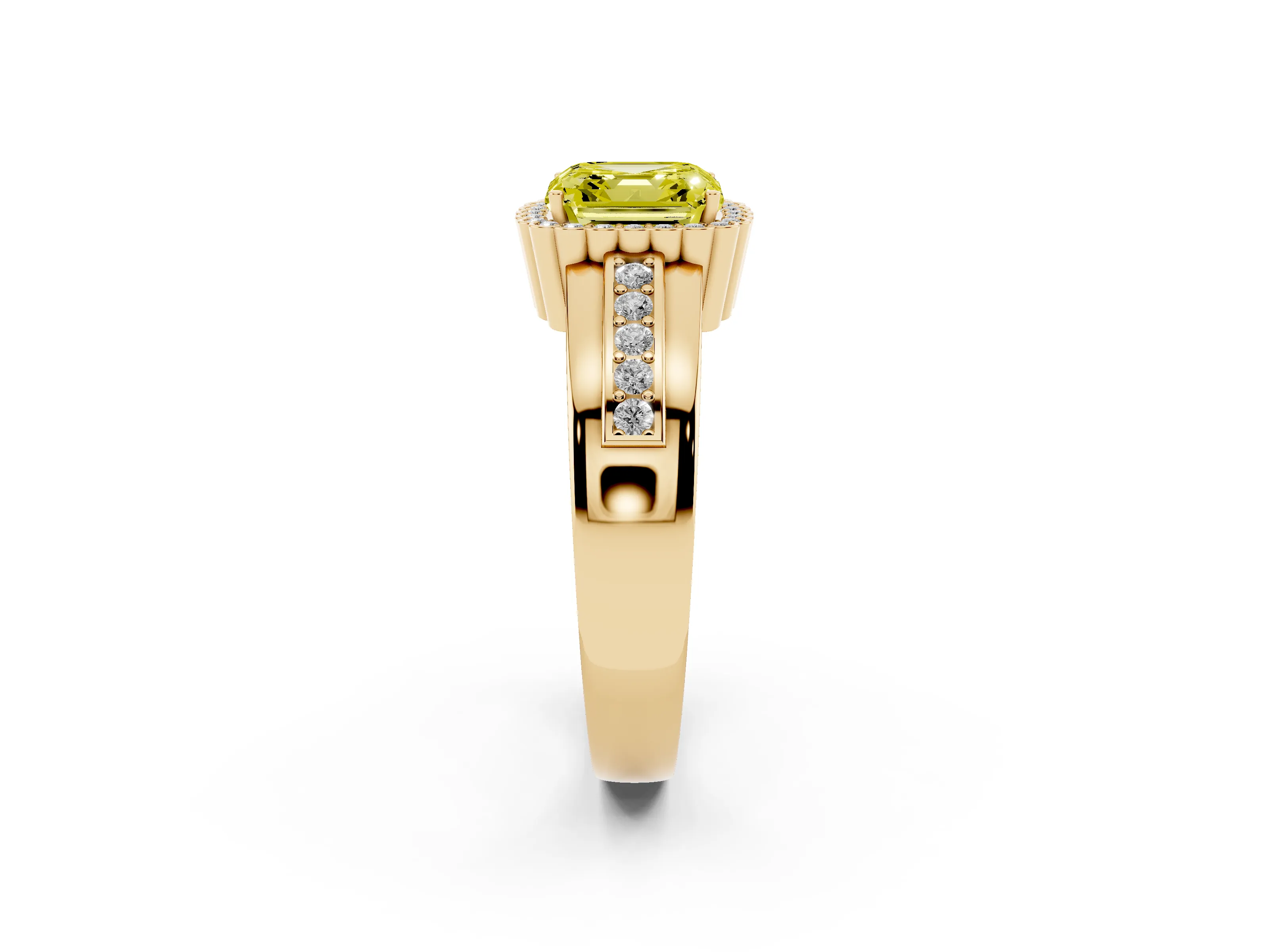 Fancy Yellow Asscher Cut Diamond Halo Prong Ring Set in Yellow gold with Pavé Band