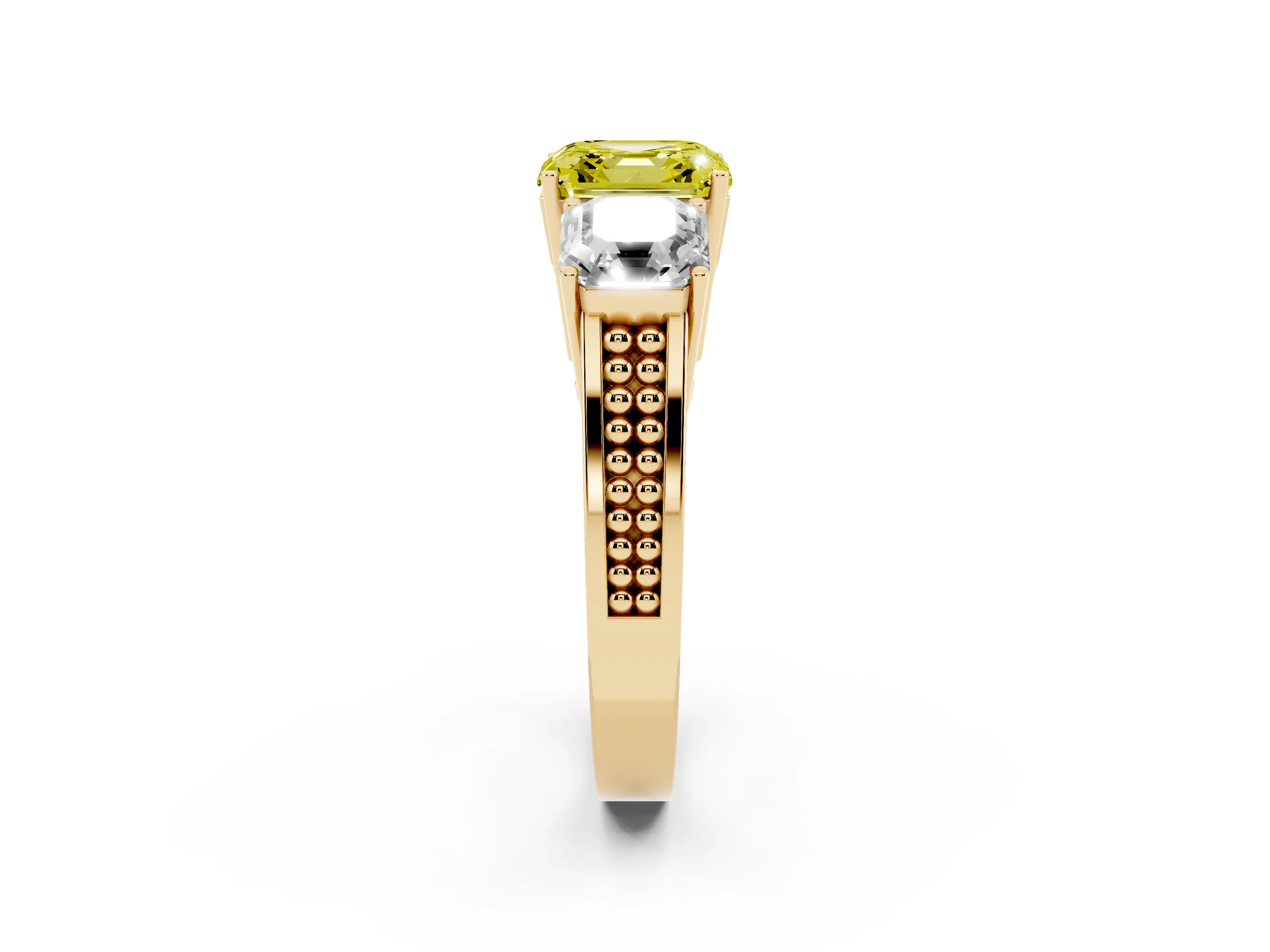 Fancy Yellow Asscher Cut Diamond Three-Stone Ring Set in Yellow gold with Textured Band