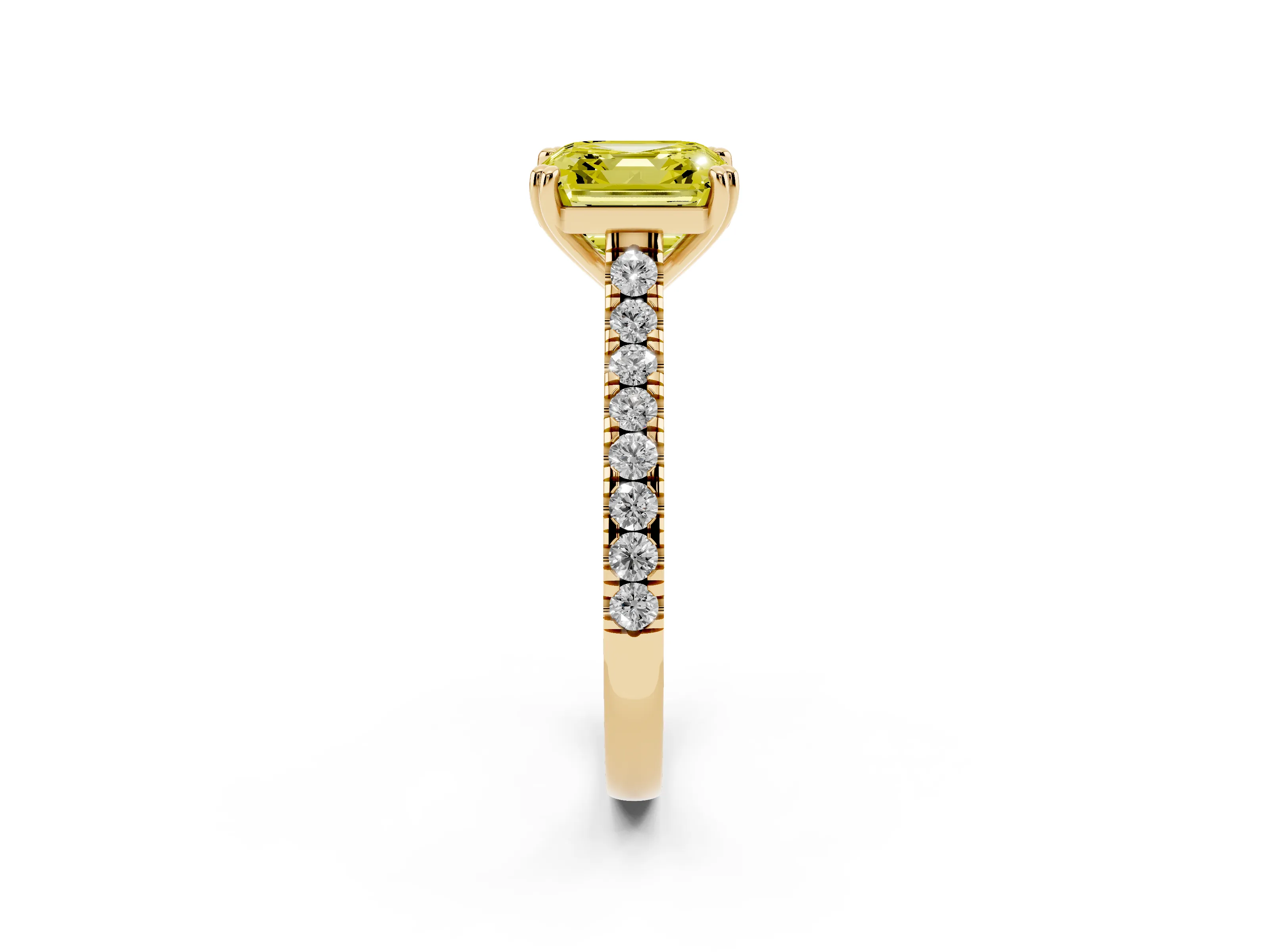 Fancy Yellow Asscher Cut Diamond Solitaire Engagement Ring Set in Yellow gold with Pavé Accents and Prong Setting
