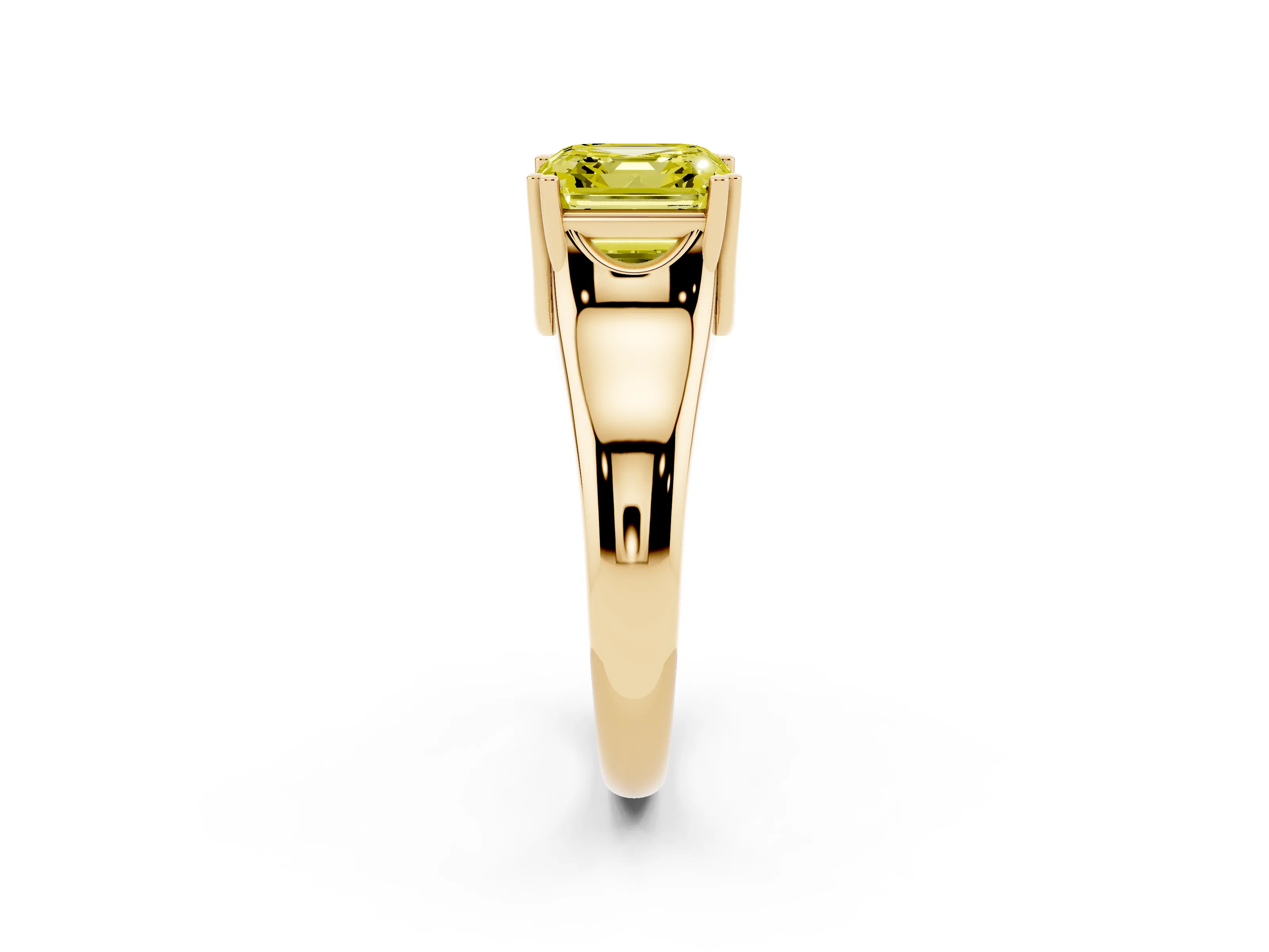 Fancy Yellow Asscher Cut Diamond Solitaire Ring Set in Yellow gold with Wide Band and Prong Setting