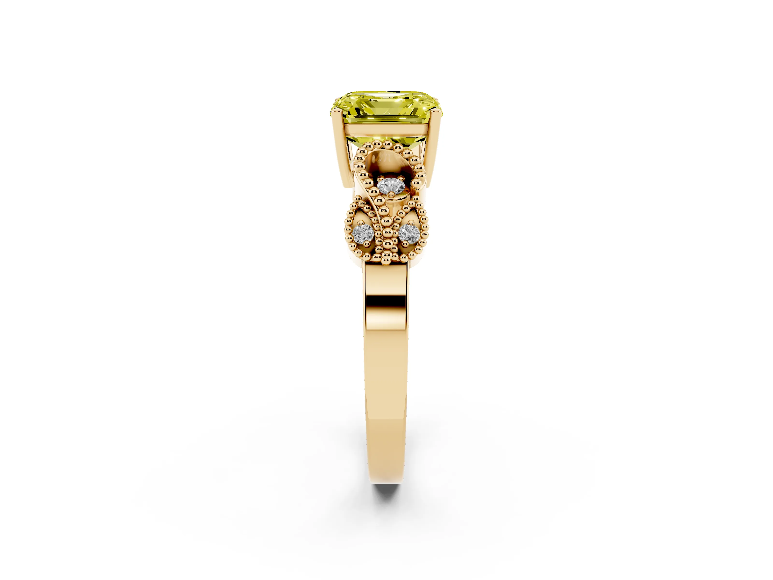 Fancy Yellow Asscher Cut Diamond Milgrain Leaf Band Solitaire Ring Set in Yellow gold with Accent Stones and Prong Setting
