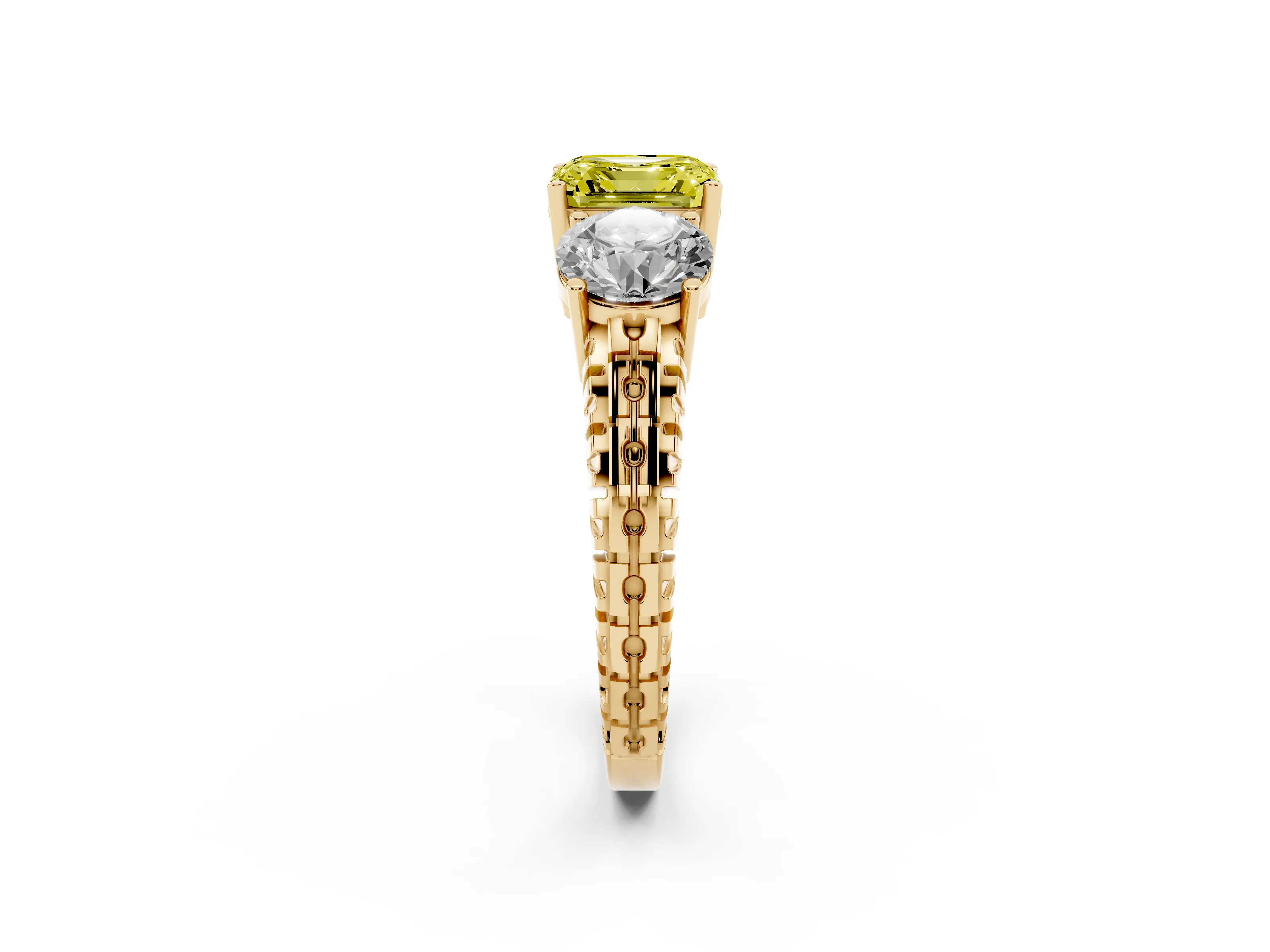 Fancy Yellow Asscher Cut Diamond Three-Stone Ring Set in Yellow gold with Channel-Set Accent Band