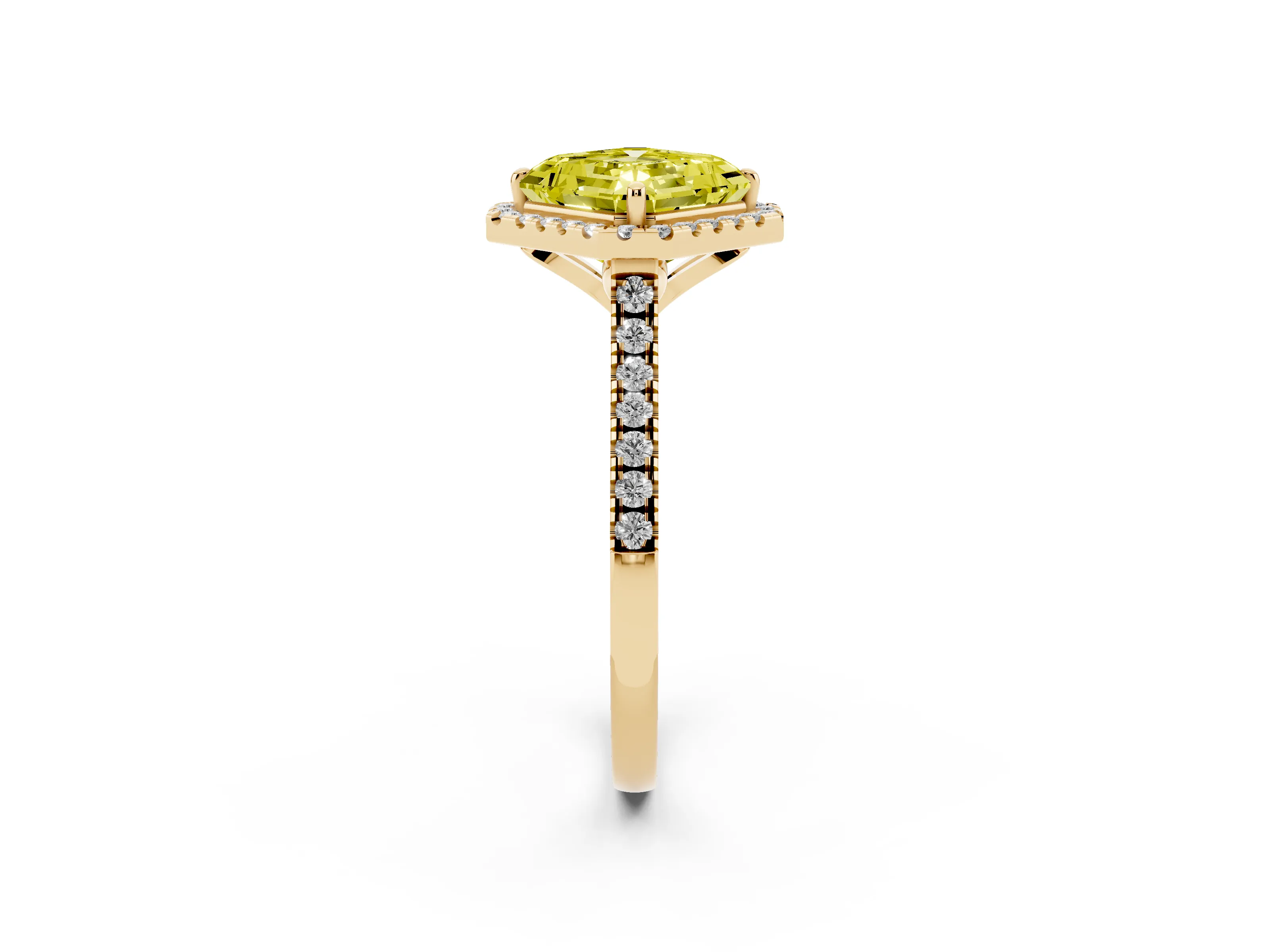 Fancy Yellow Asscher Cut Diamond Cushion Halo Ring Set in Yellow gold with Pavé Band