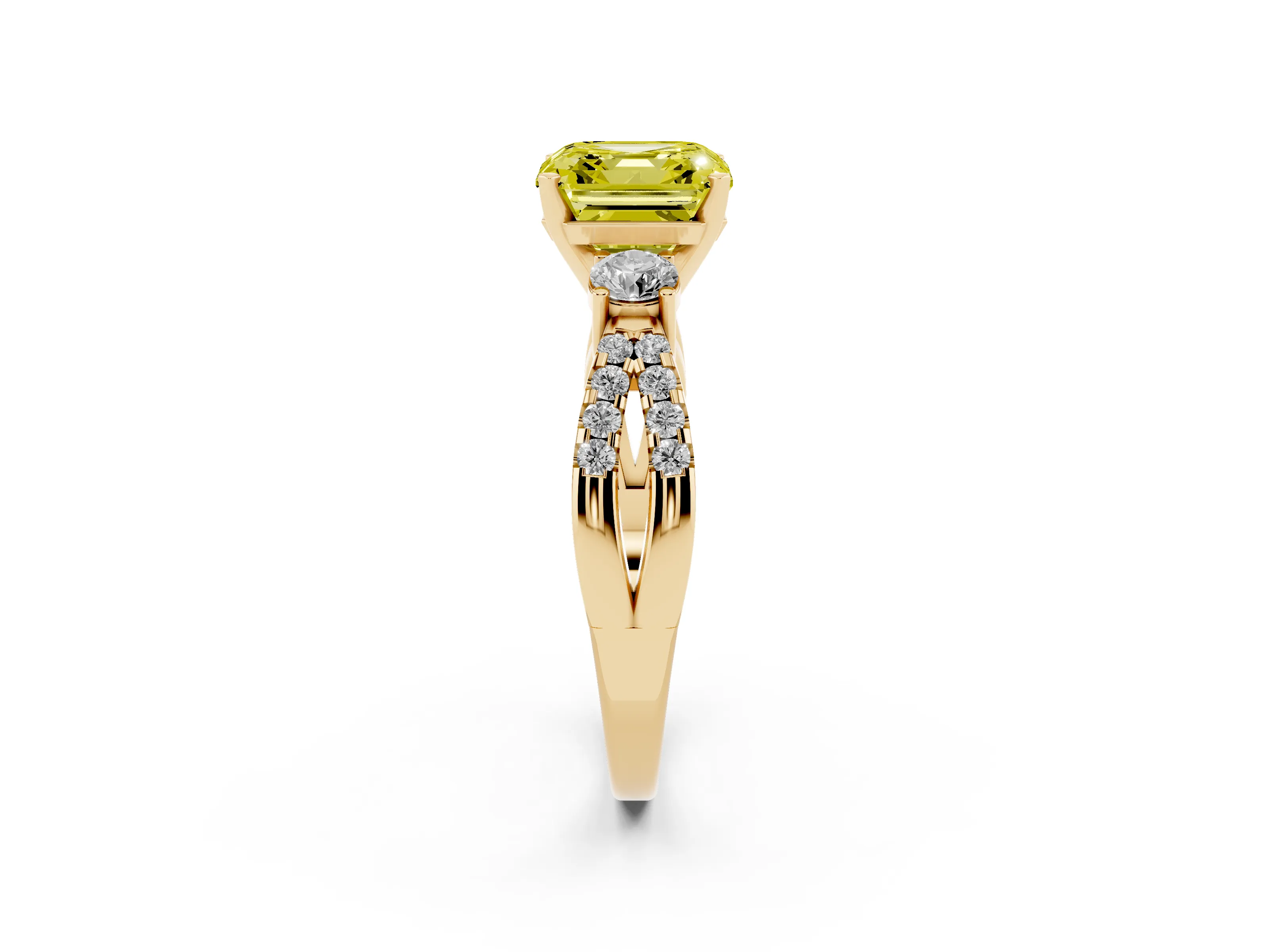 Fancy Yellow Asscher Cut Diamond Three-Stone Ring Set in Yellow gold with Pavé Split Shank and Prong Setting