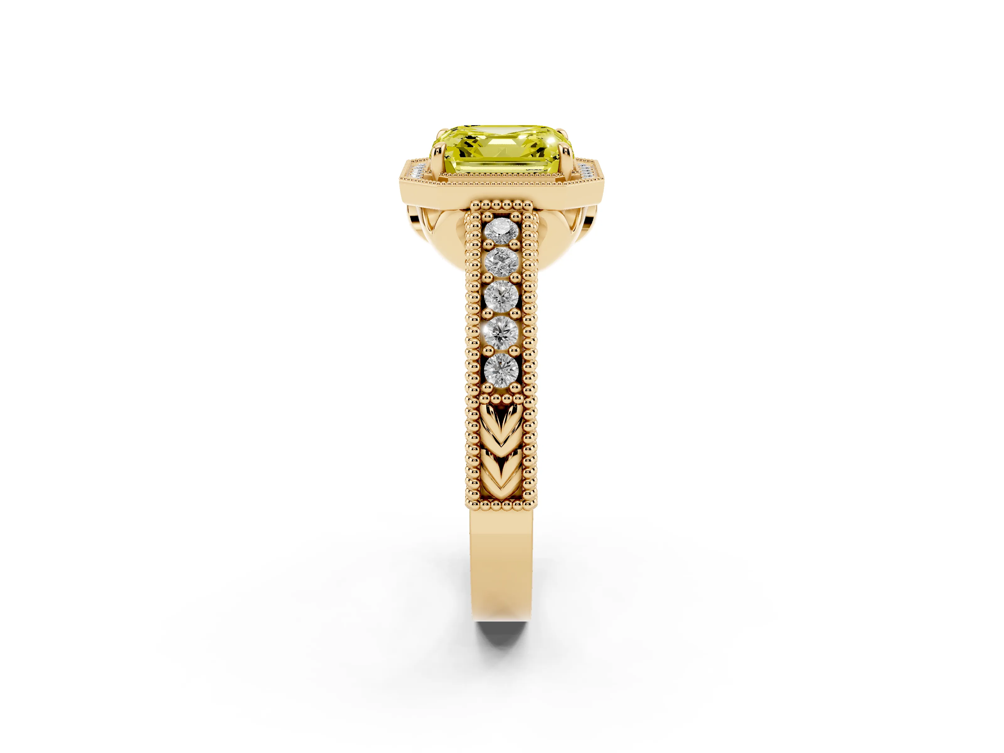 Fancy Yellow Asscher Cut Diamond Halo Ring Set in Yellow gold with Round Accent Halo, Pavé Band and Prong Setting