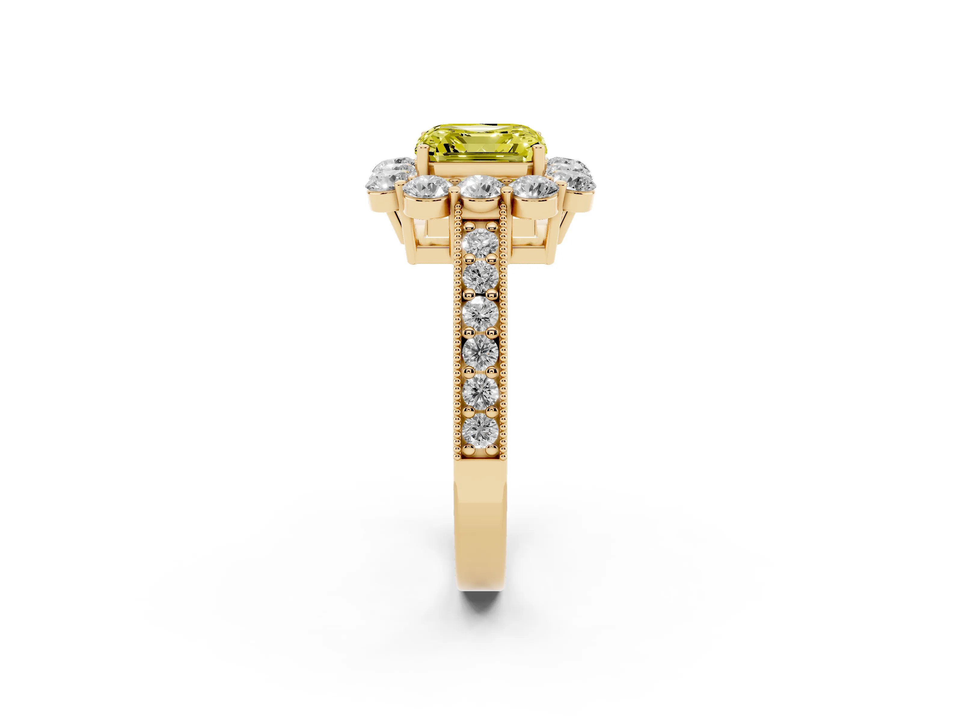 Fancy Yellow Asscher Cut Diamond Halo Pavé Engagement Ring Set in Yellow gold with Milgrain Detailing