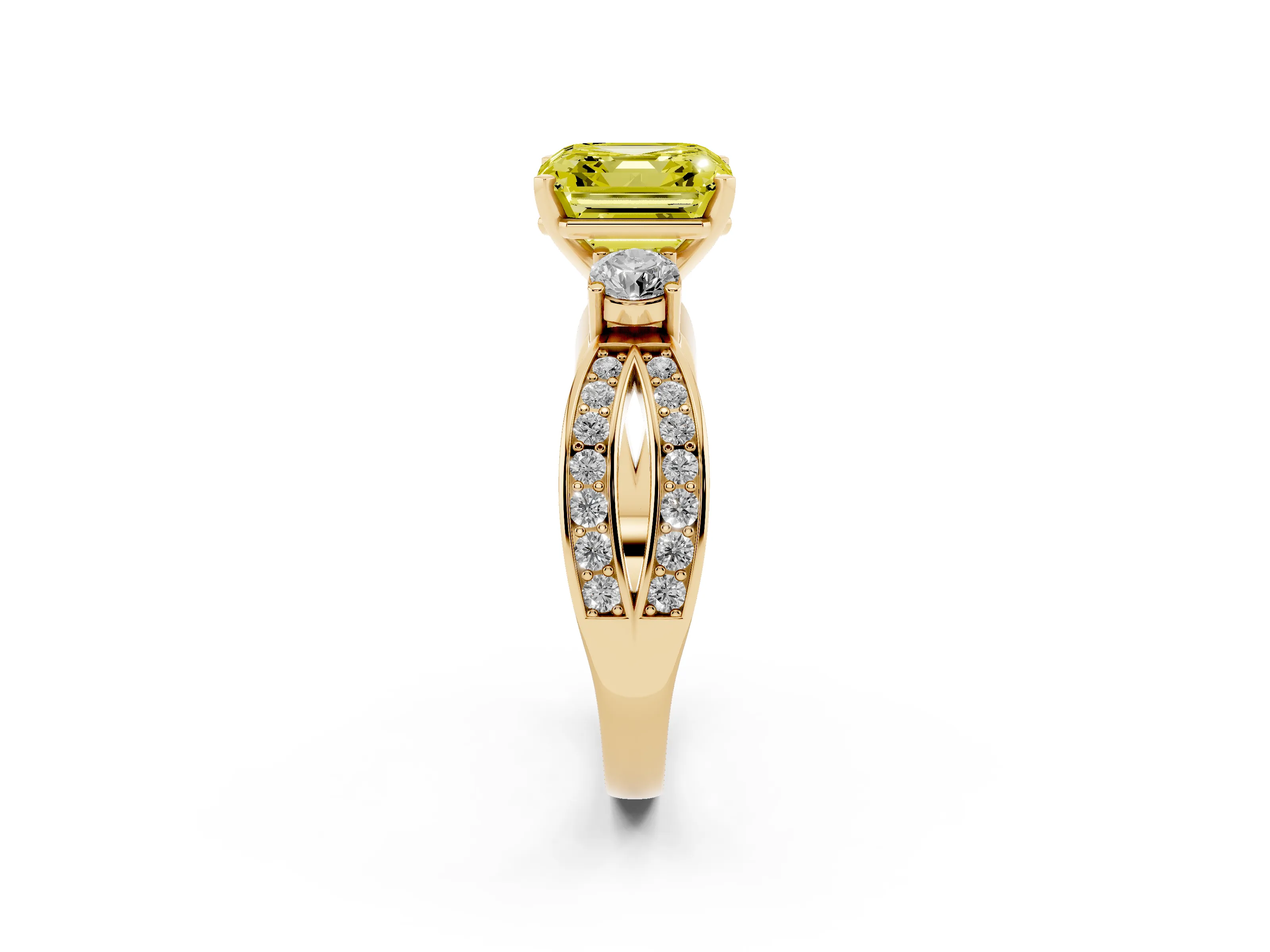 Fancy Yellow Three-Stone Asscher Cut Diamond Twist Band Ring Set in Yellow gold with Pavé Accents and Prong Setting