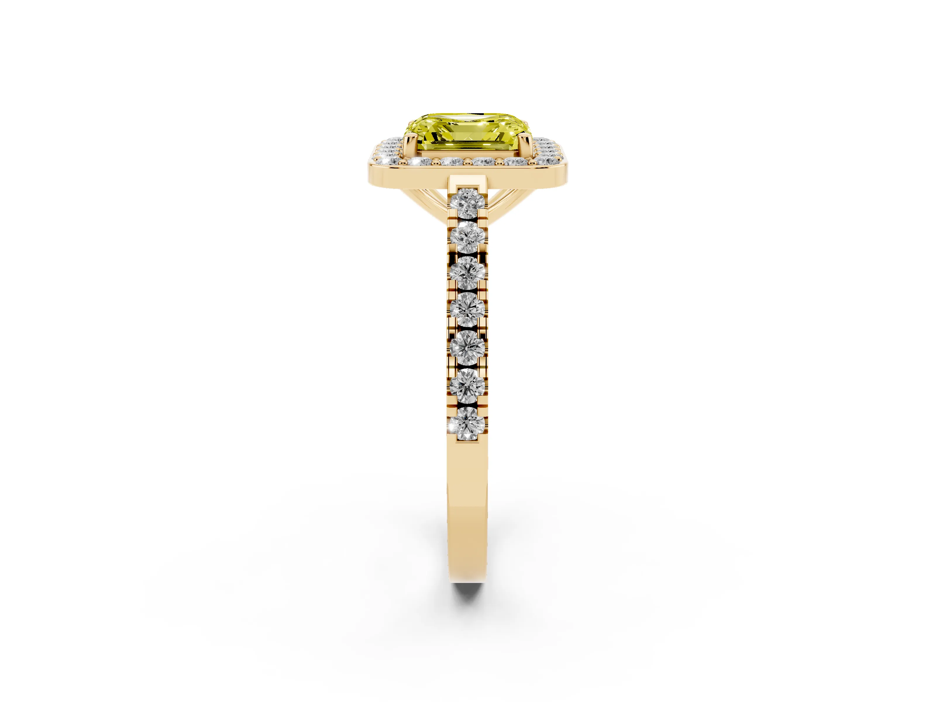Fancy Yellow Asscher Cut Diamond Halo Ring Set in Yellow gold with Round Pavé Split Shank and Prong Setting