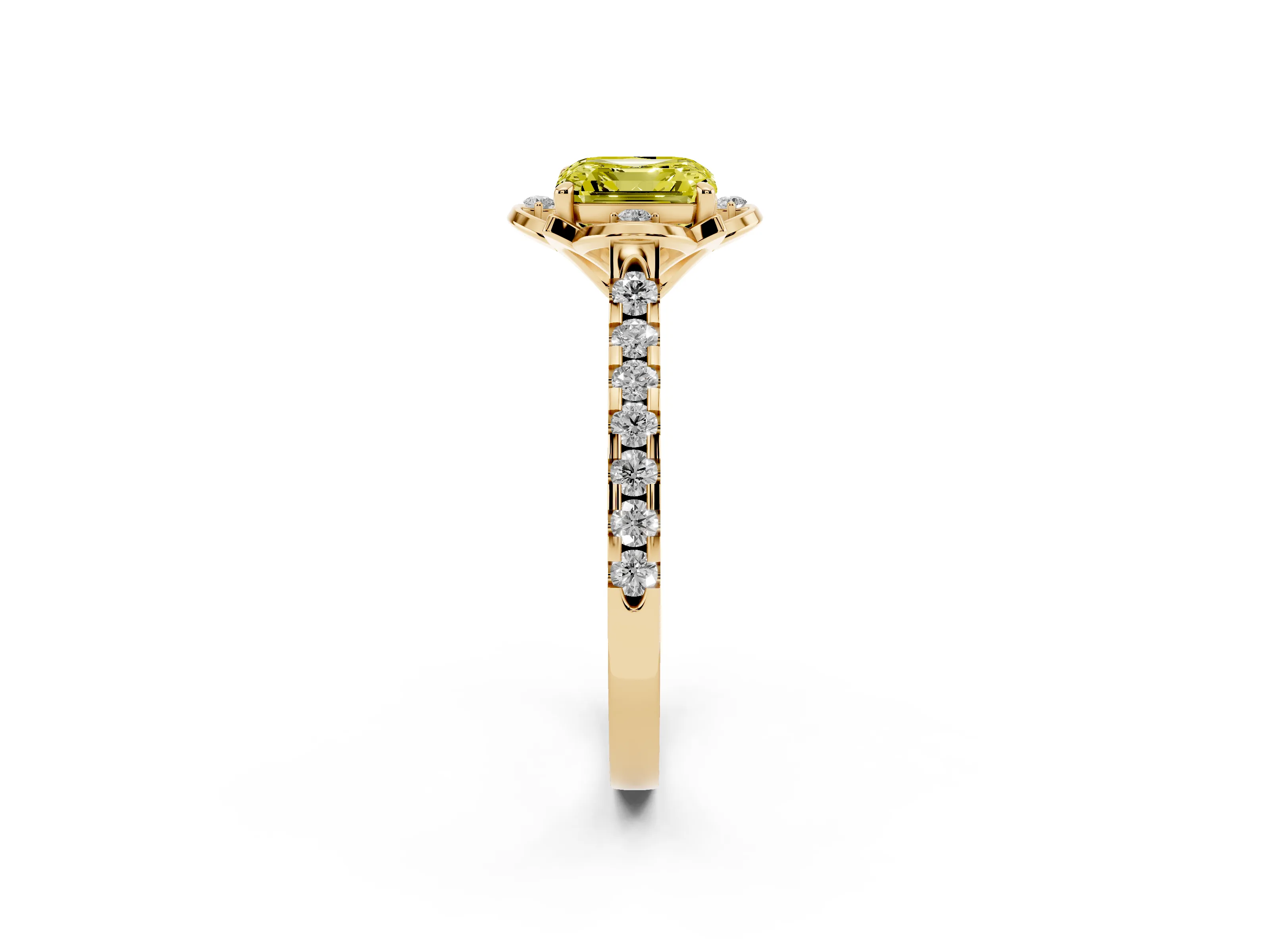 Fancy Yellow Asscher Cut Diamond Solitaire Ring Set in Yellow gold with Pavé Band and Floral Prong Setting