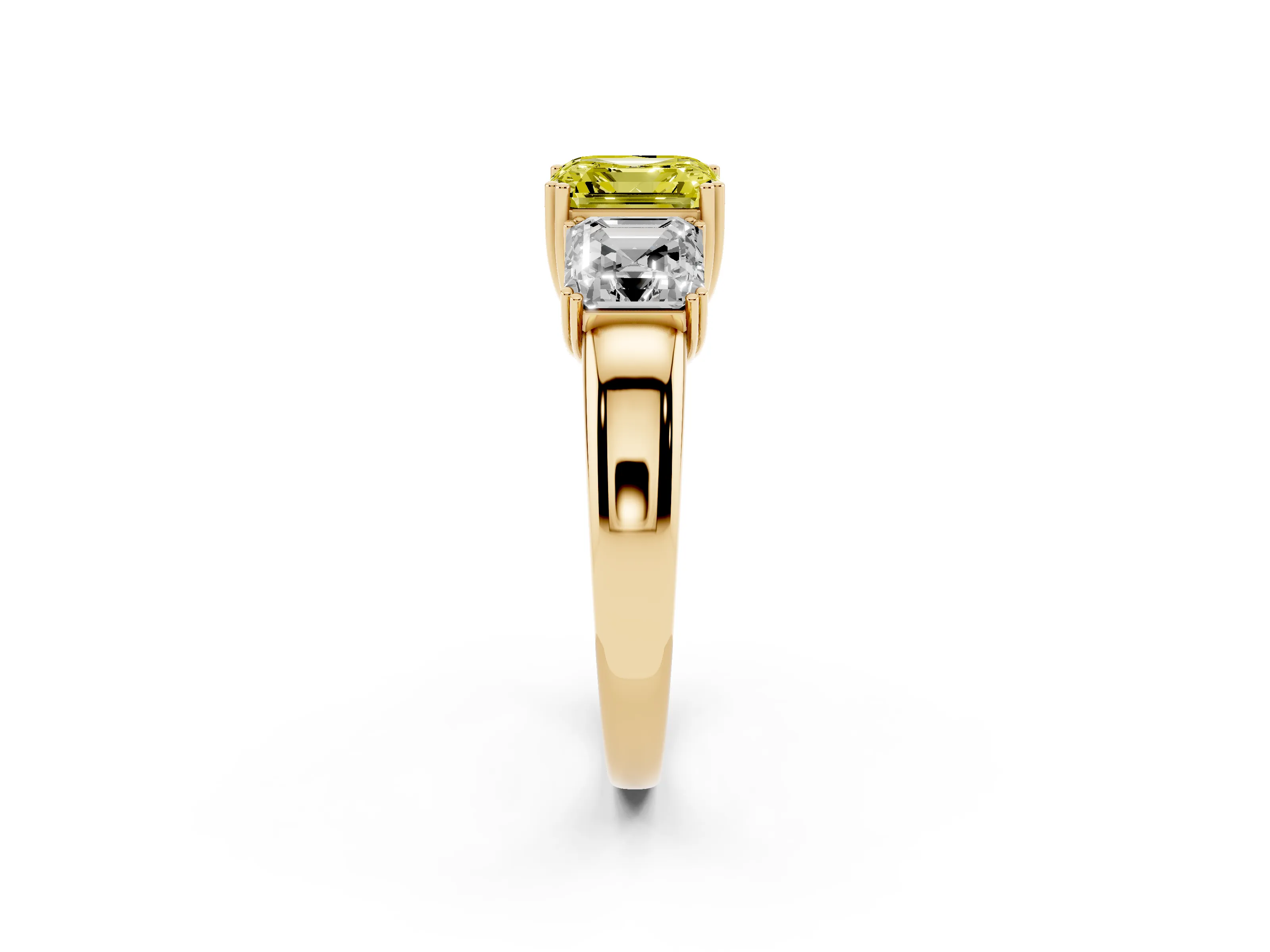 Fancy Yellow Asscher Cut Diamond Three-Stone Ring Set in Yellow gold with Polished Band and Prong Setting