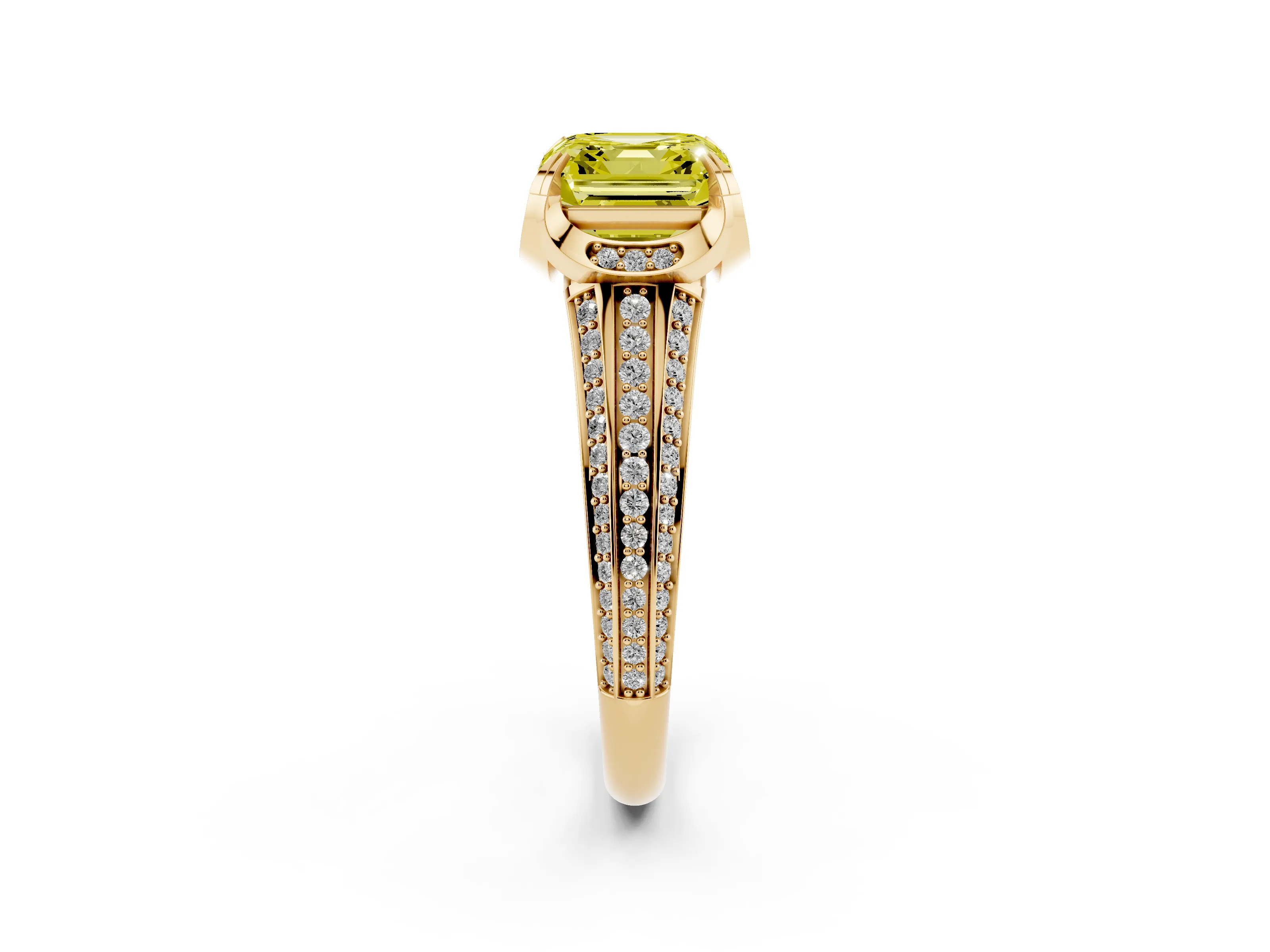Fancy Yellow Asscher Cut Diamond Pavé Split Shank Solitaire Ring Set in Yellow gold with Prong Setting
