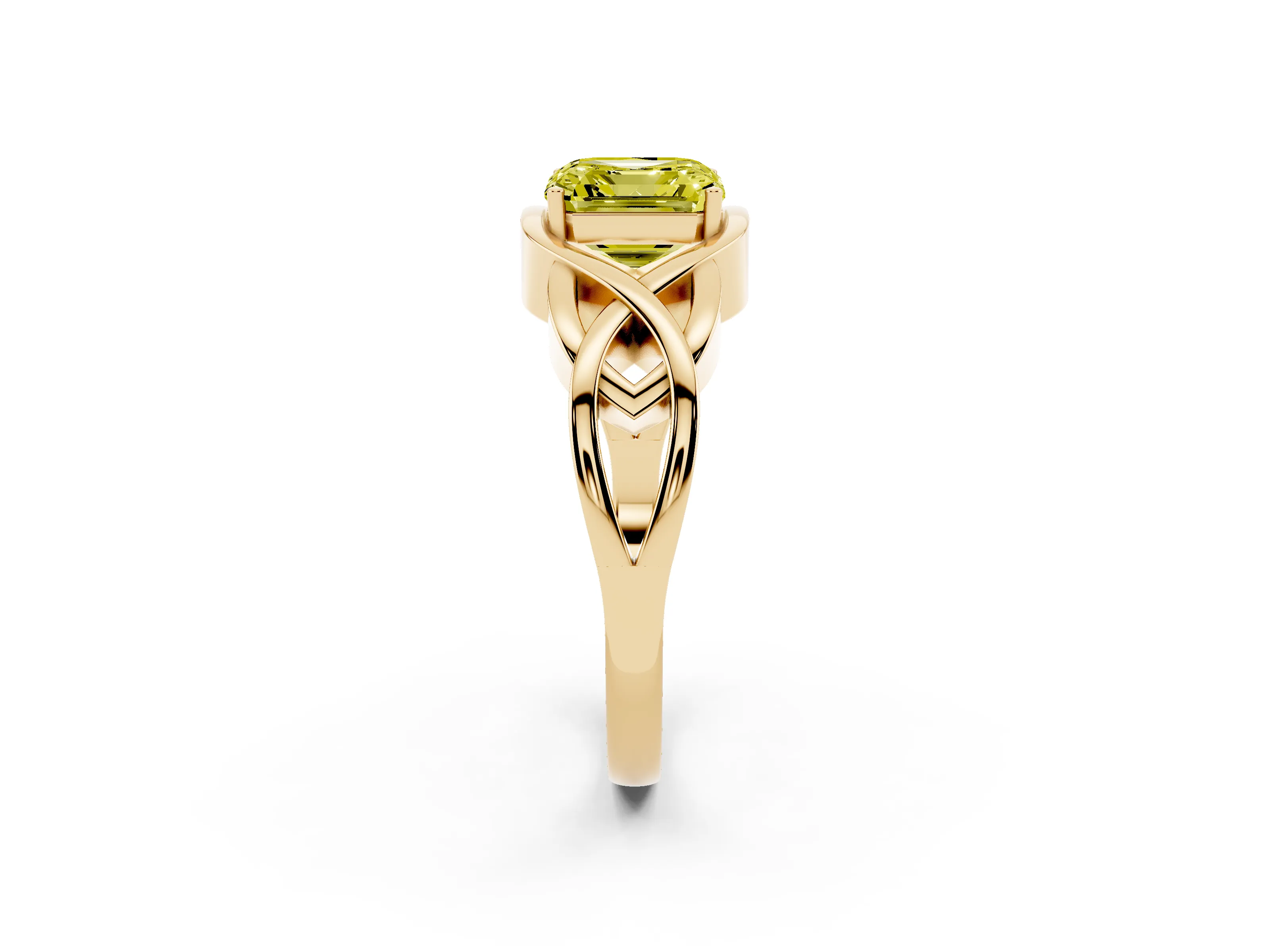 Fancy Yellow Asscher Cut Diamond Solitaire Ring Set in Yellow gold with Intertwined Band
