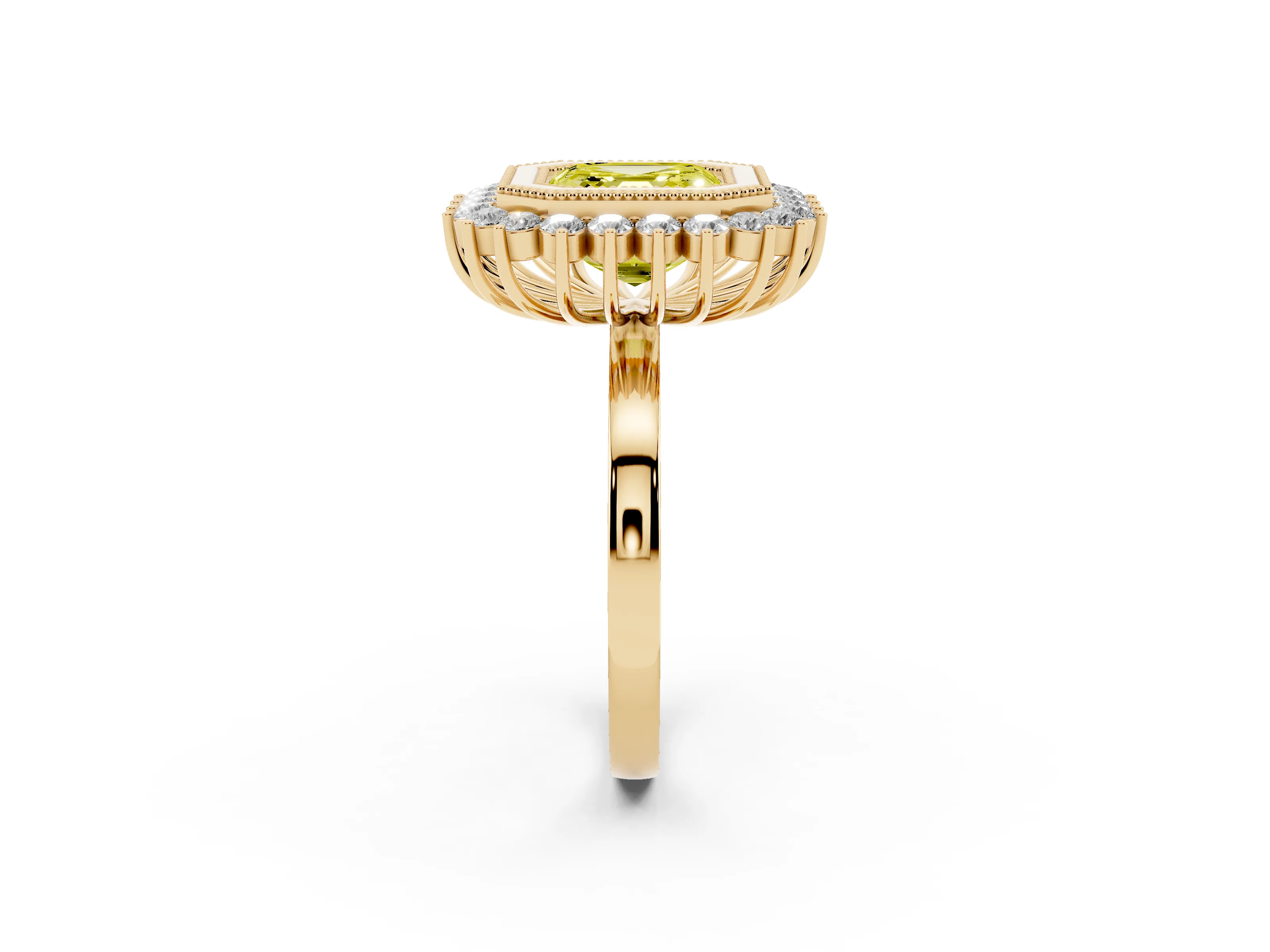 Fancy Yellow Asscher Cut Diamond Halo Ring Set in Yellow gold with Milgrain Edge and Round Prong Setting