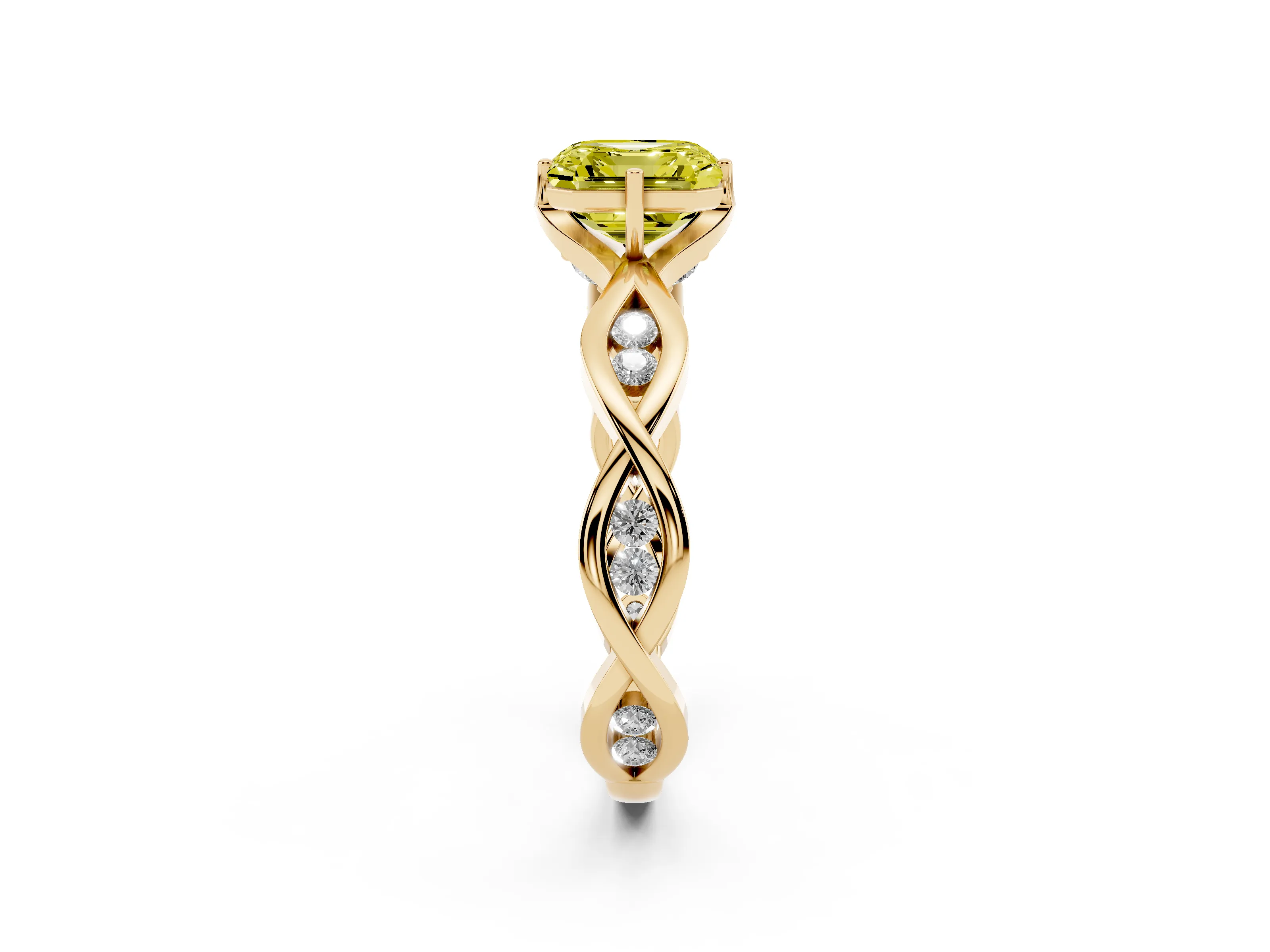Fancy Yellow Asscher Cut Diamond Twist Band Solitaire Ring Set in Yellow gold with Leaf Prong Setting and Accent Stones