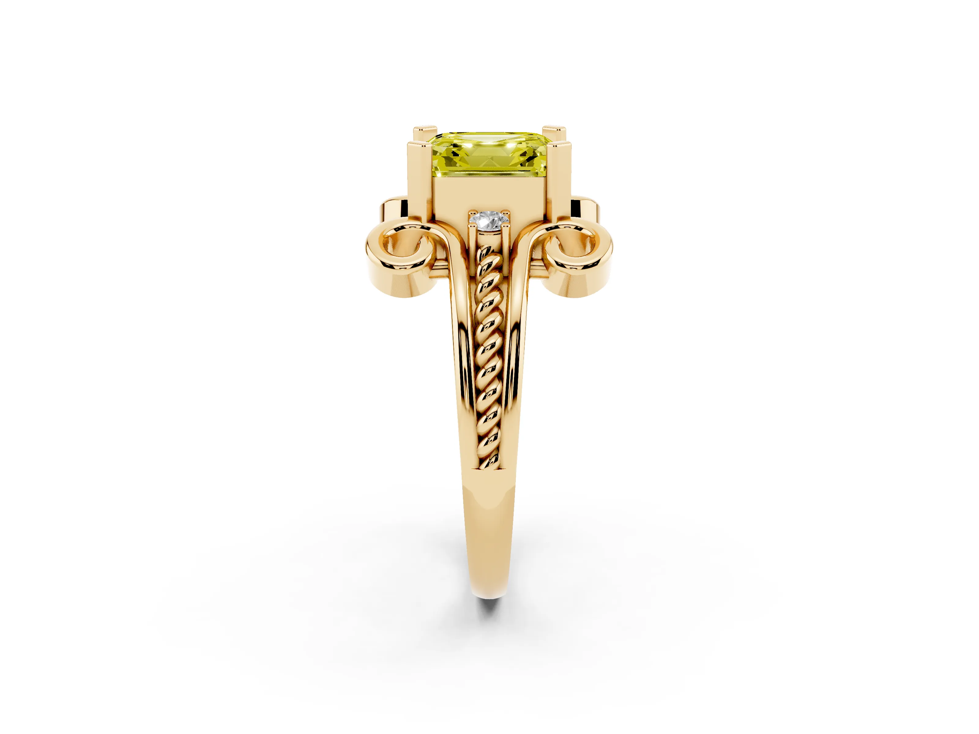 Fancy Yellow Asscher Cut Diamond Twisted Band Solitaire Ring Set in Yellow gold with Scroll Prongs