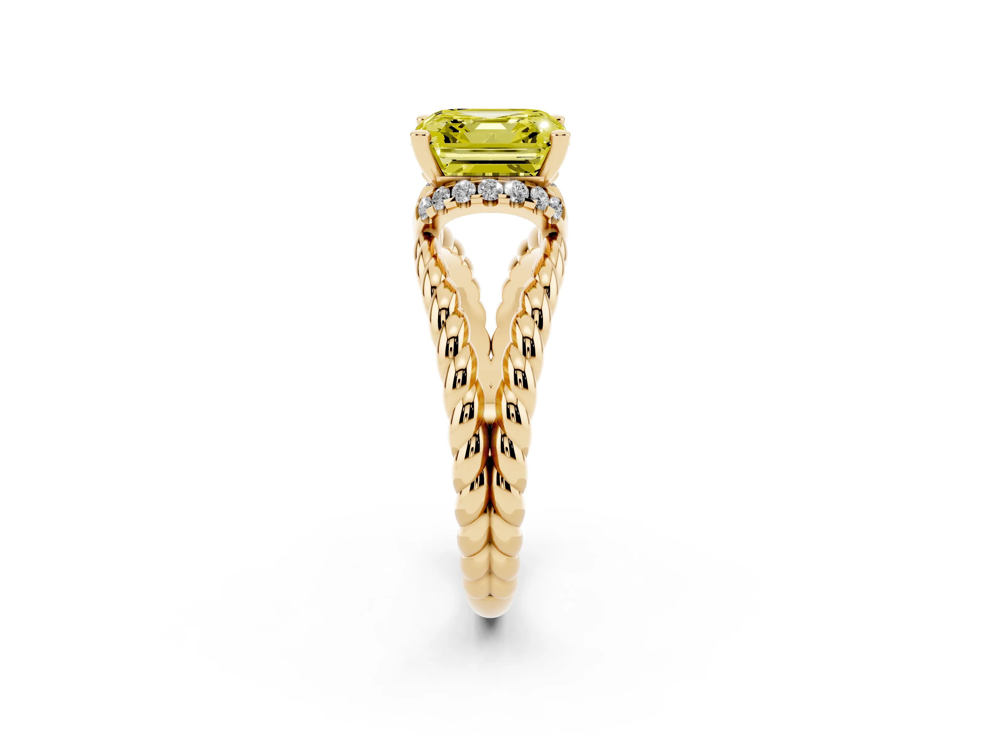 Fancy Yellow Asscher Cut Diamond Halo Ring Set in Yellow gold with Twisted Band and Prong Setting