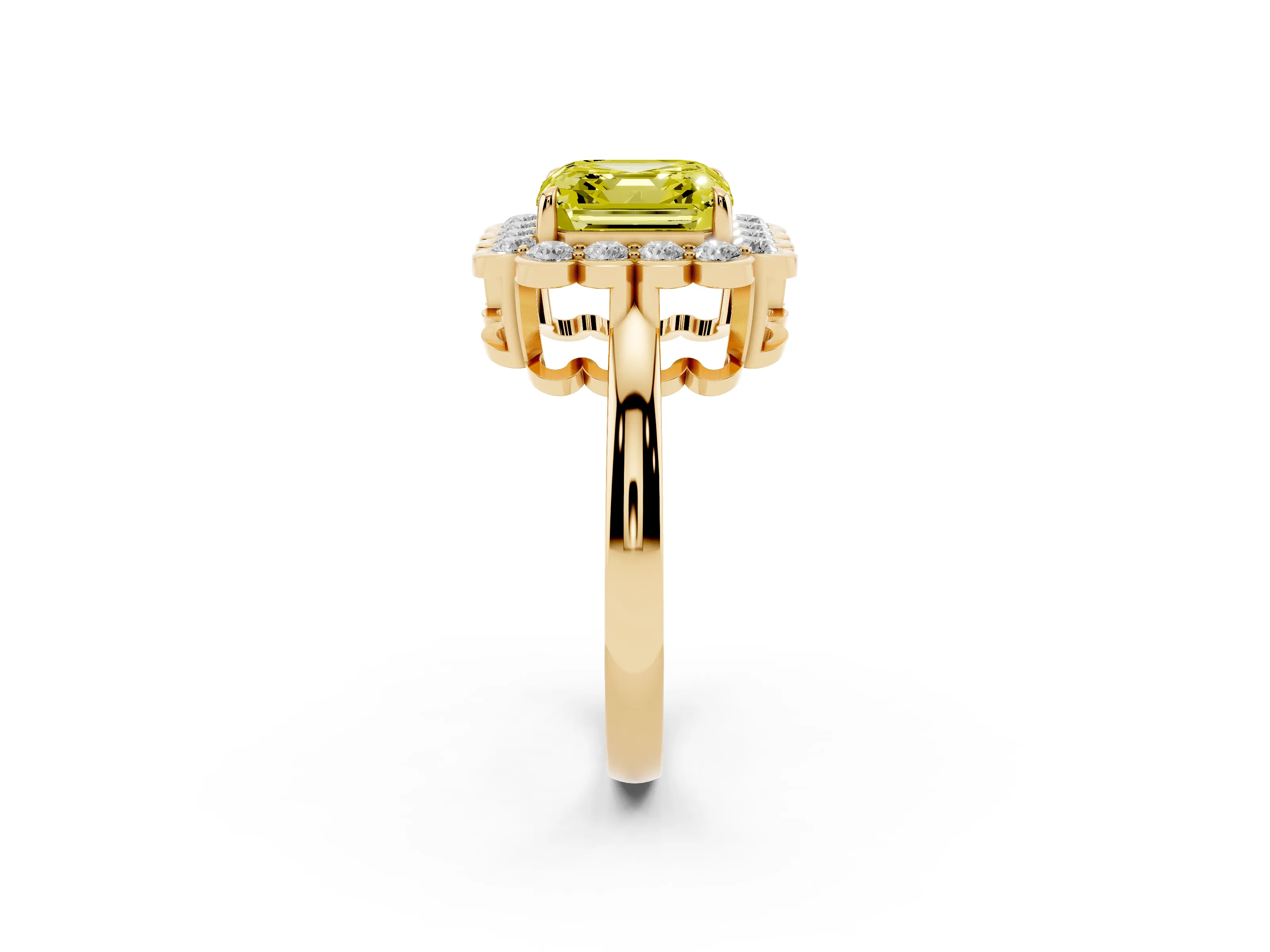 Fancy Yellow Asscher Cut Diamond Halo Cluster Engagement Ring Set in Yellow gold with Solitaire Band and Prong Setting
