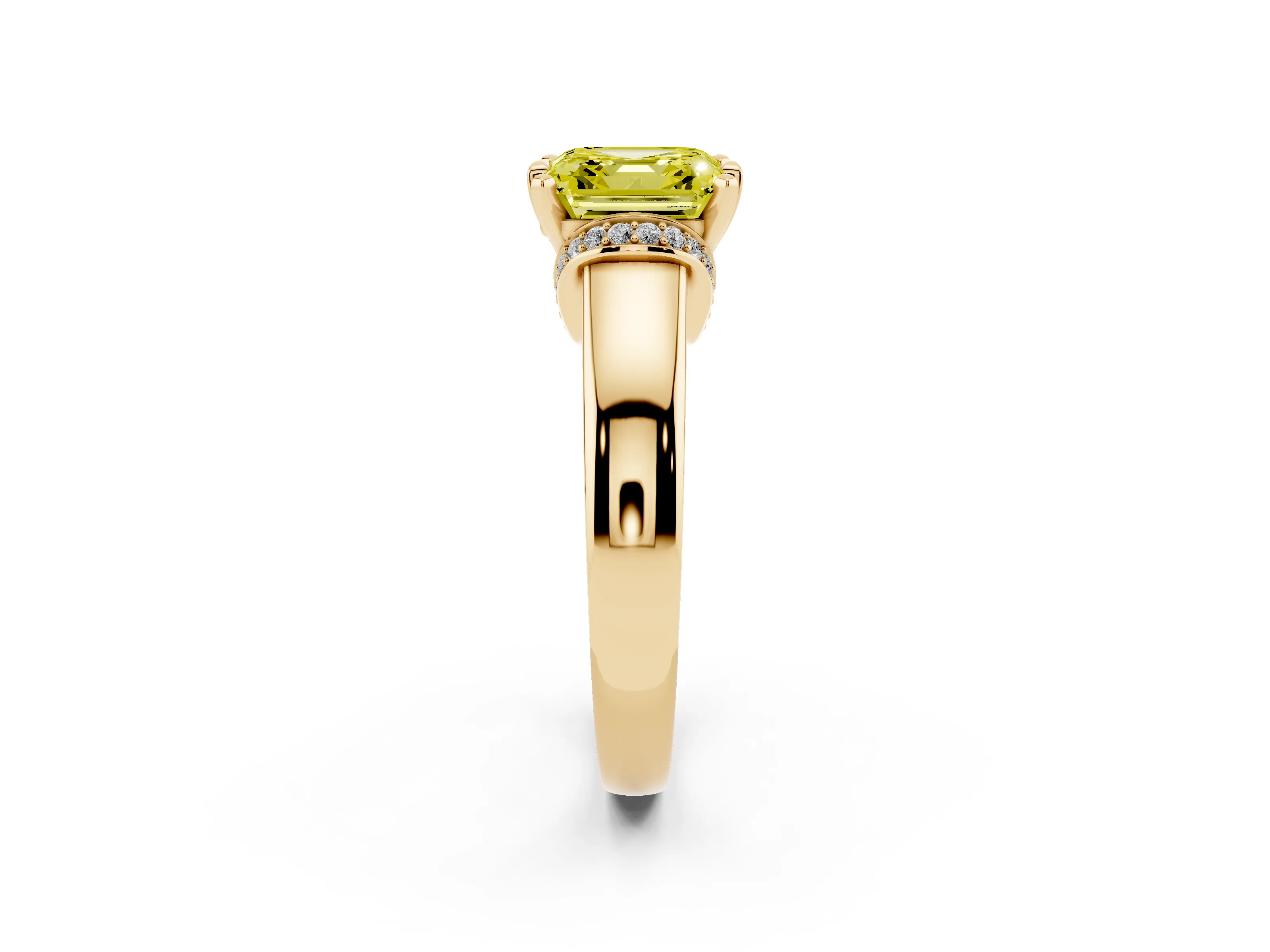 Fancy Yellow Asscher Cut Diamond Pavé Band Solitaire Ring Set in Yellow gold with Prong Setting