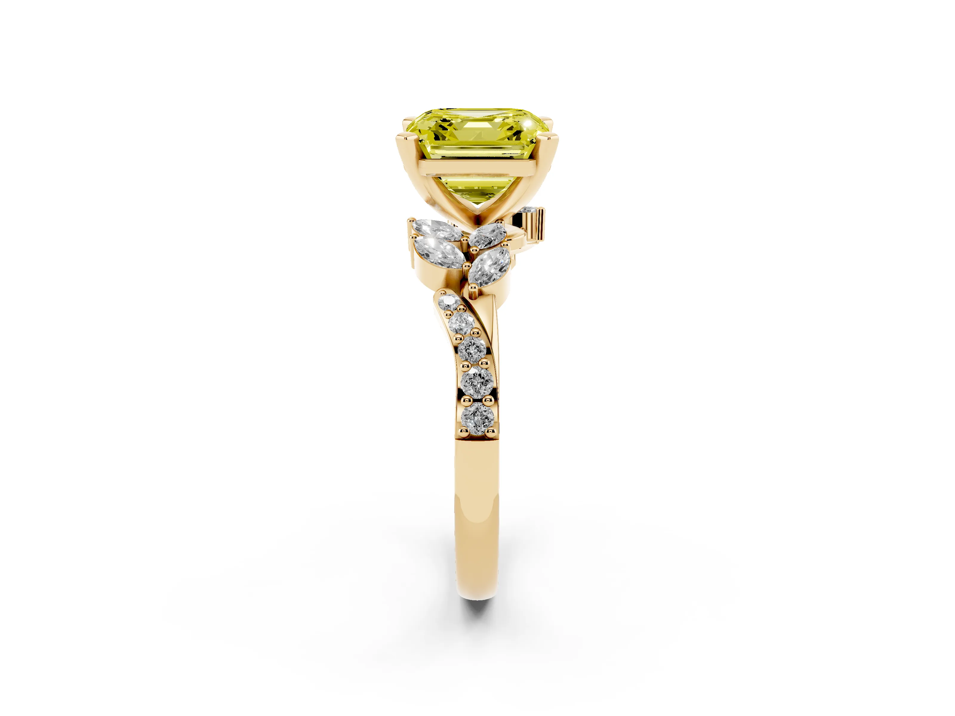 Fancy Yellow Asscher Cut Diamond Solitaire Ring Set in Yellow gold with Marquise Twist Band and Prong Setting