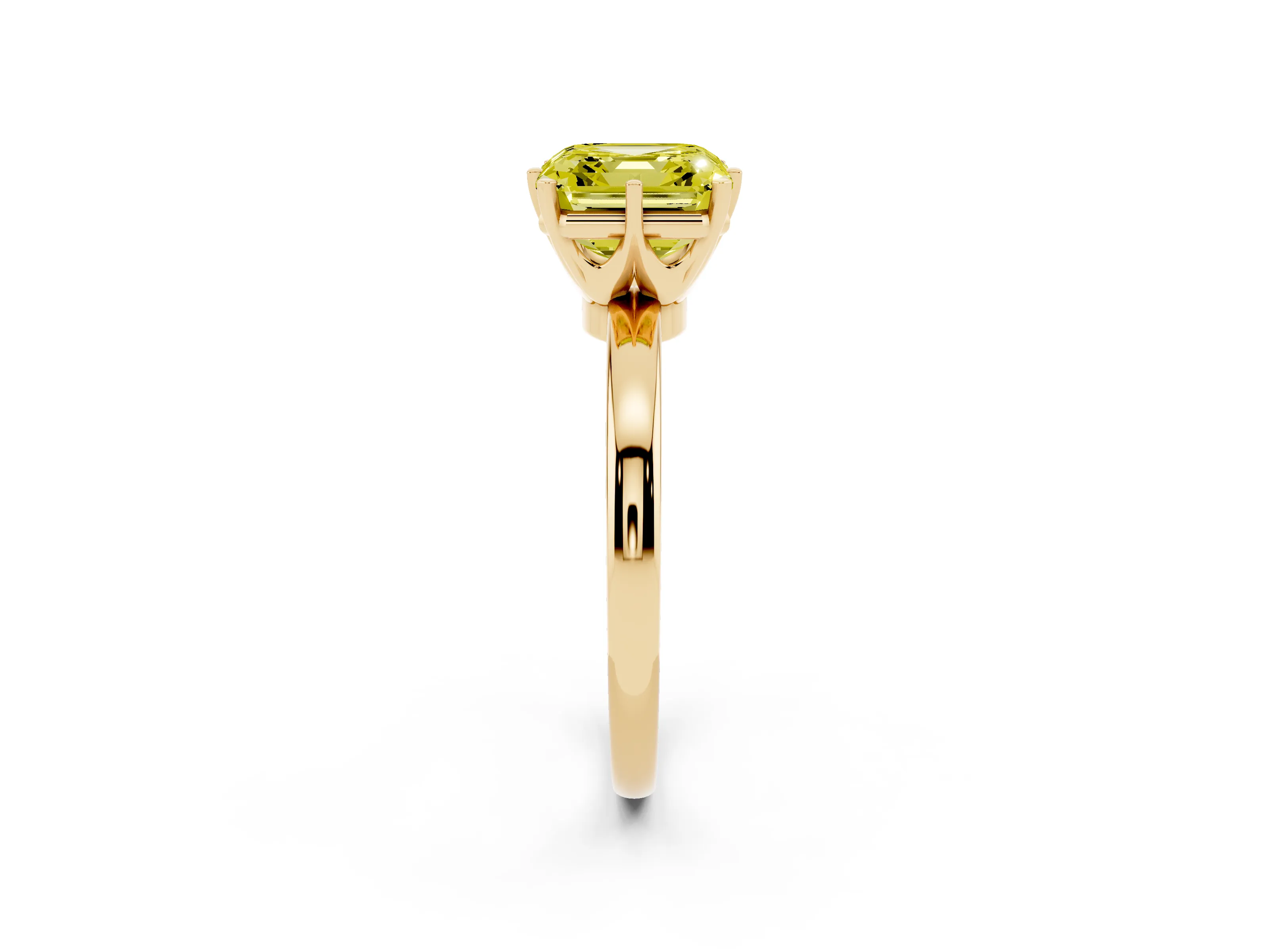 Fancy Yellow Asscher Cut Diamond Solitaire Ring Set in Yellow gold with Raised Prong Setting on a Classic Band