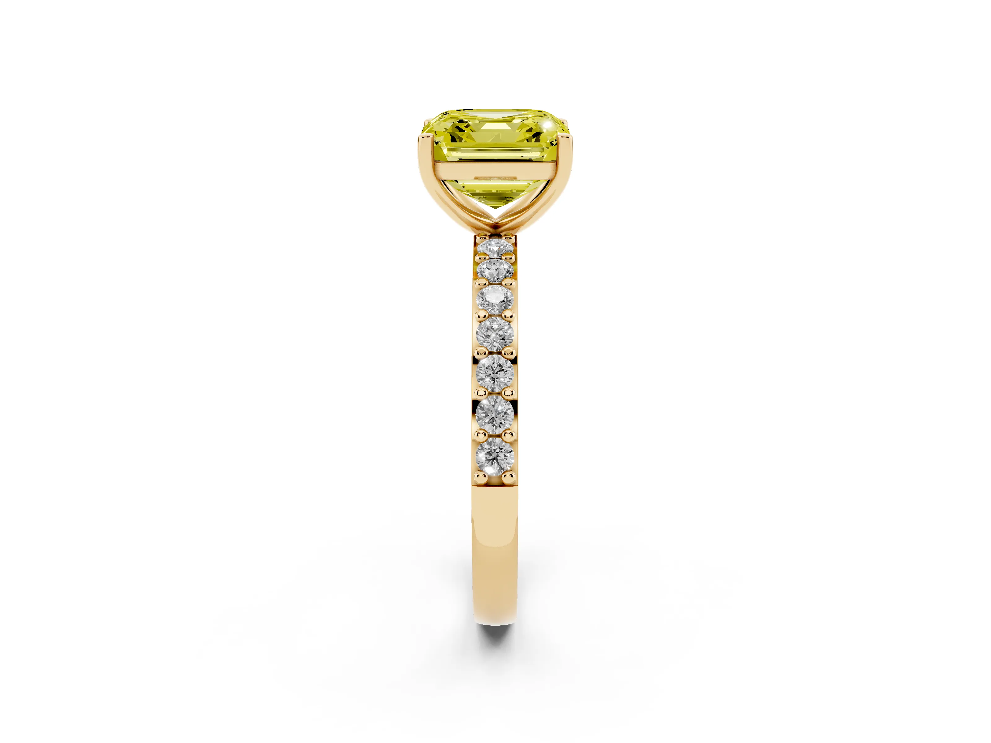 Fancy Yellow Asscher Cut Diamond Solitaire Set in Yellow gold with Round Pavé Band and Prong Setting