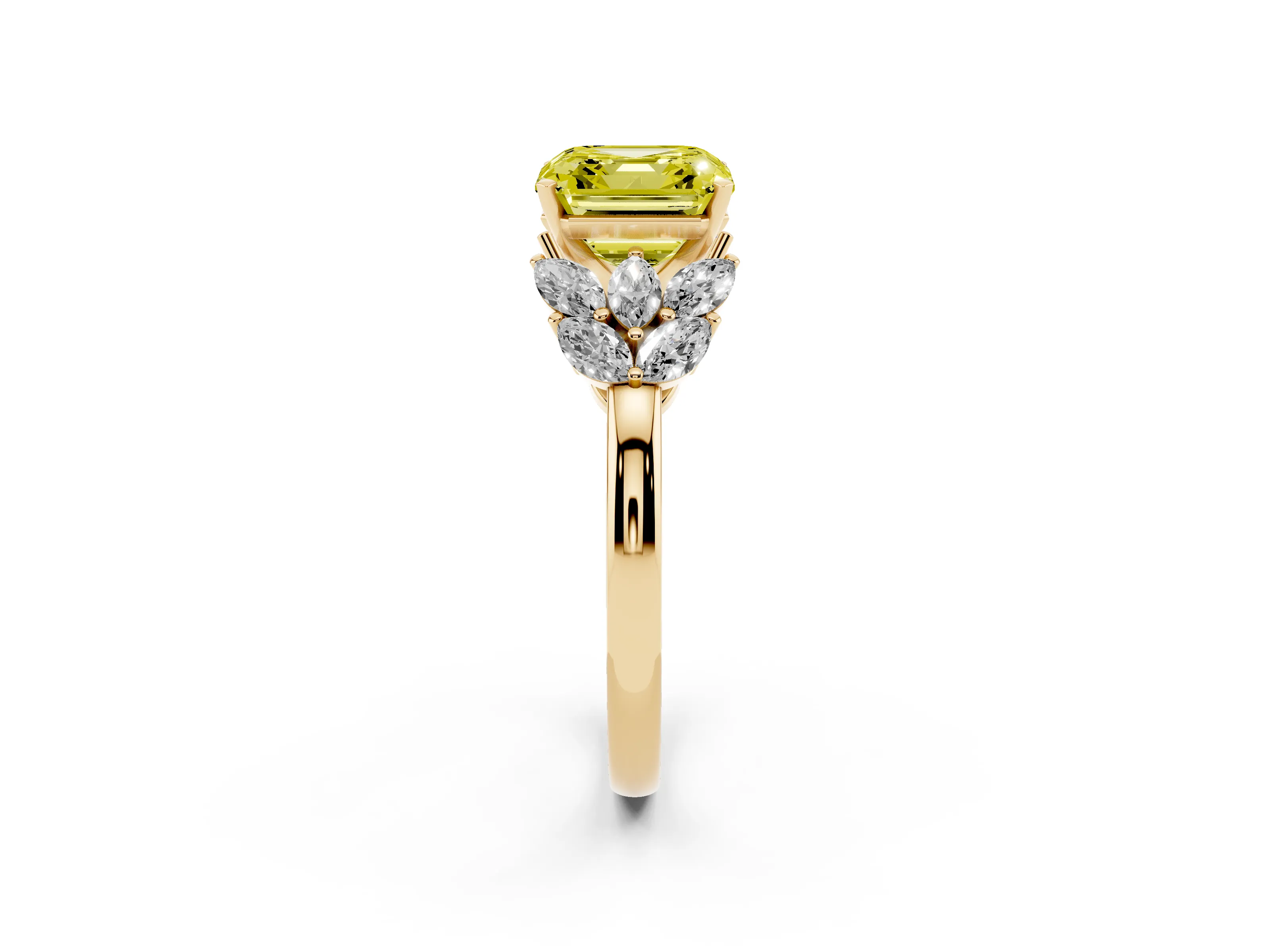 Fancy Yellow Asscher Cut Diamond Cluster Leaf Design Ring Set in Yellow gold with Prong Setting