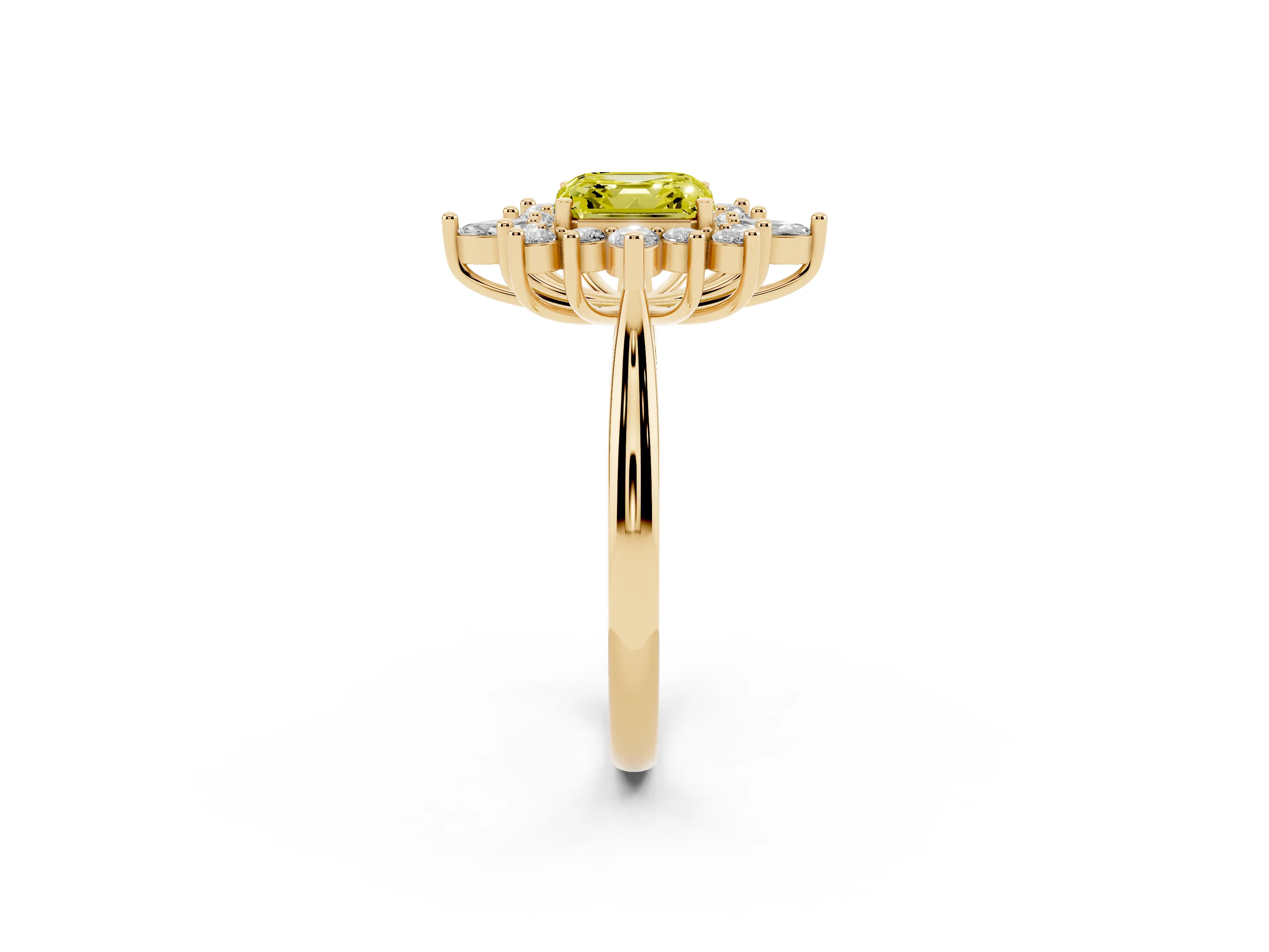 Fancy Yellow Asscher Cut Diamond Cluster Halo Ring Set in Yellow gold with Marquise and Round Accents