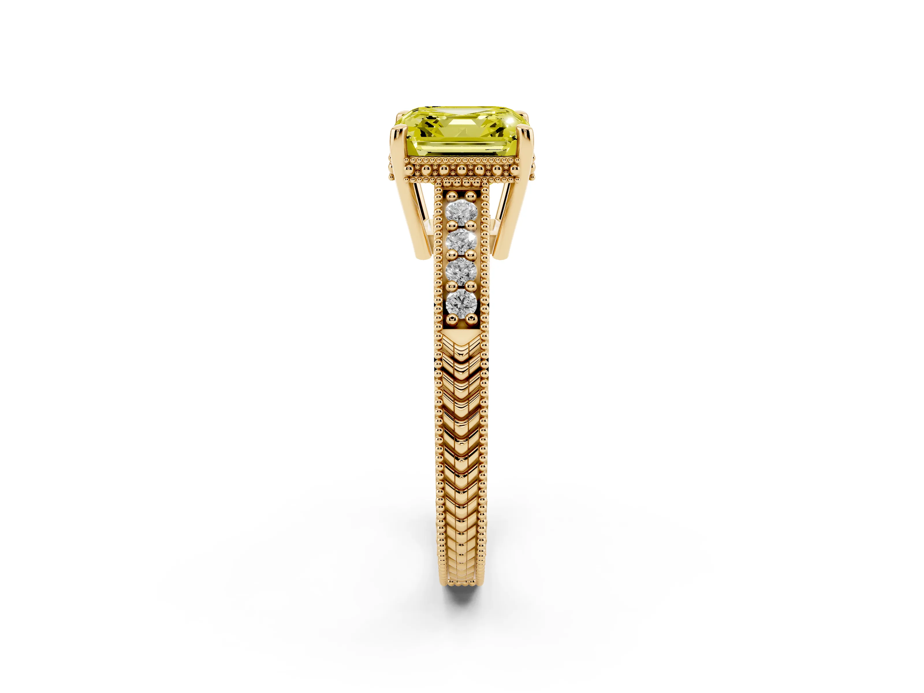 Fancy Yellow Asscher Cut Diamond Solitaire Pavé Milgrain Engagement Ring Set in Yellow gold with Prong Setting