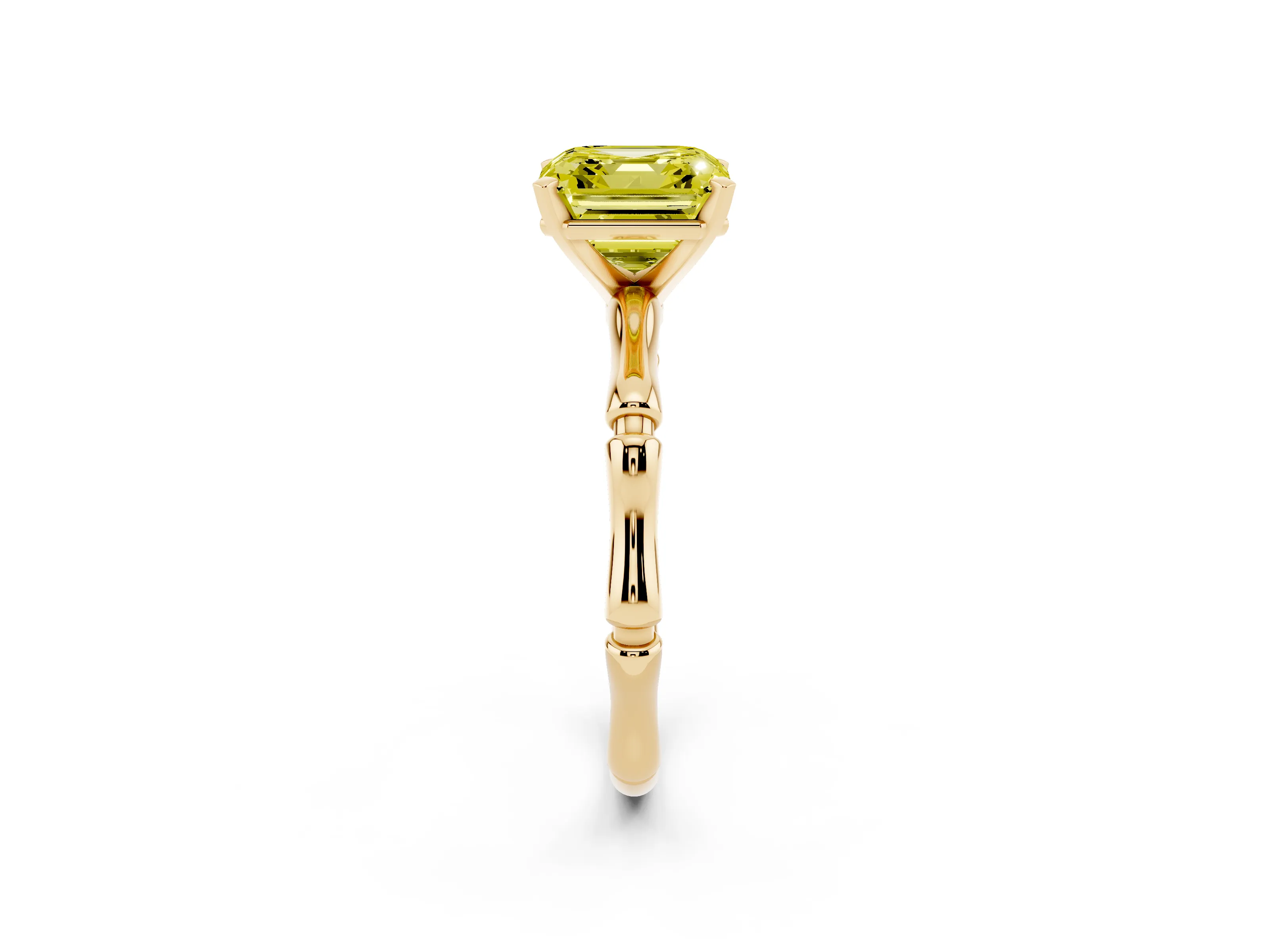 Fancy Yellow Asscher Cut Diamond Solitaire Ring Set in Yellow gold with Bamboo Band and Prong Setting
