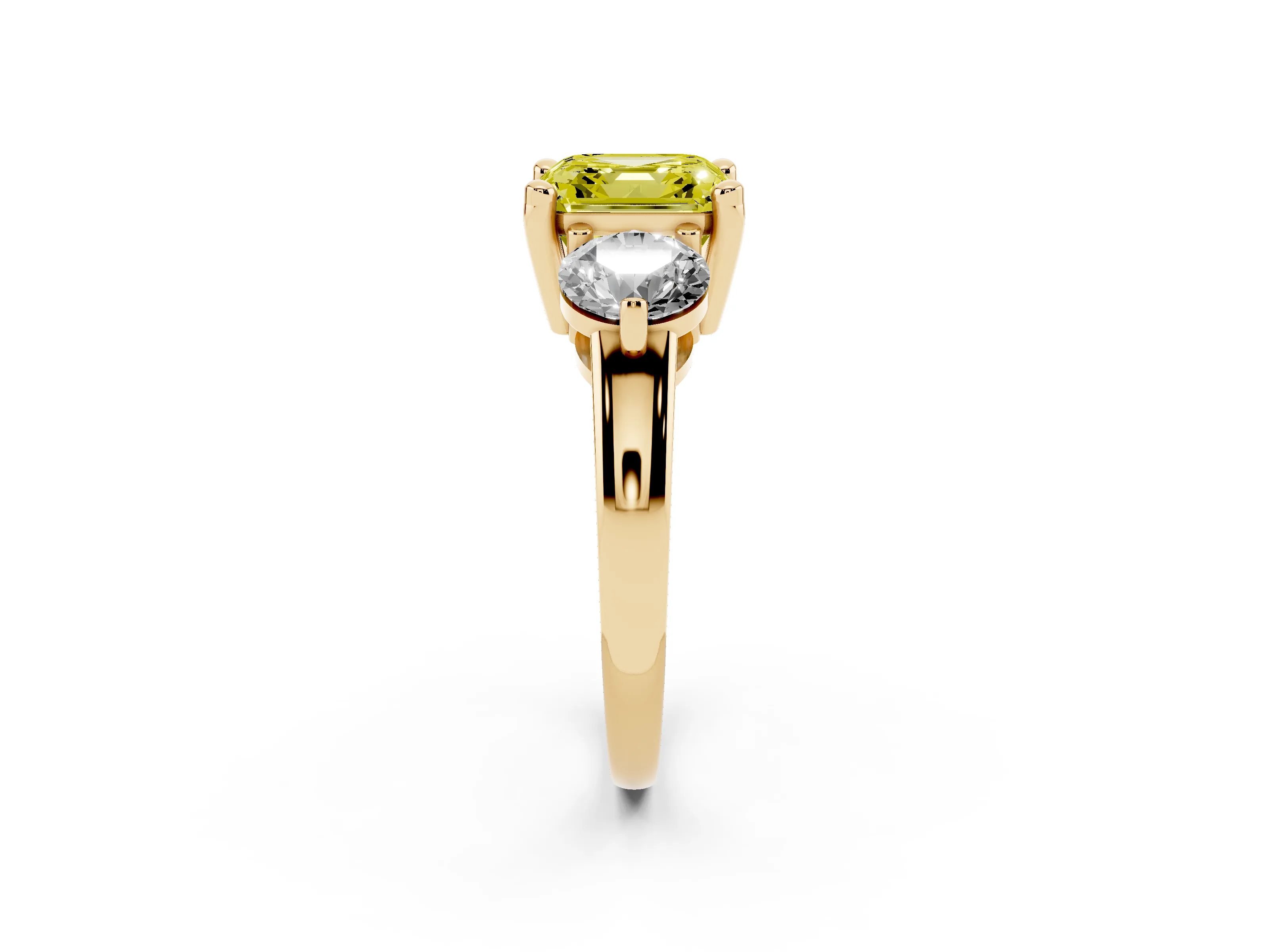 Fancy Yellow Asscher Cut Diamond Three-Stone Ring Set in Yellow gold with Prong Setting and Classic Band