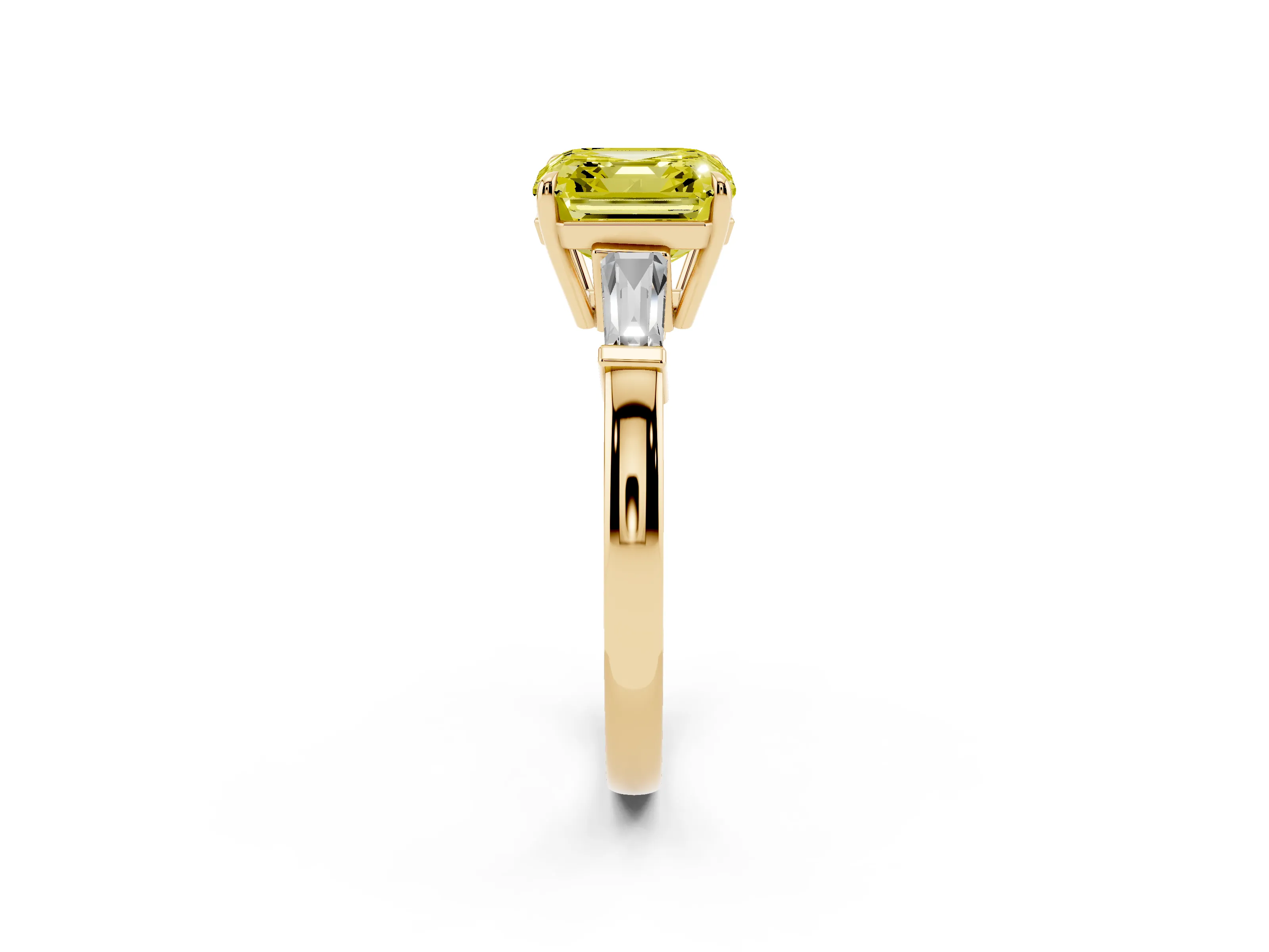 Fancy Yellow Asscher Cut Diamond Three-Stone Ring Set in Yellow gold with Tapered Baguette Side Stones and Prong Setting