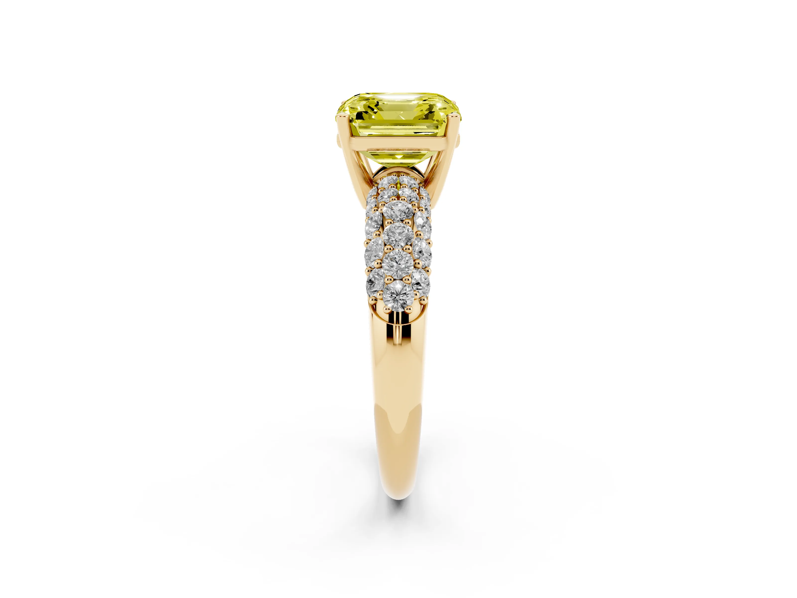 Fancy Yellow Asscher Cut Diamond Pavé Band Solitaire Ring Set in Yellow gold with Close-Set Accent Stones and Prong Setting