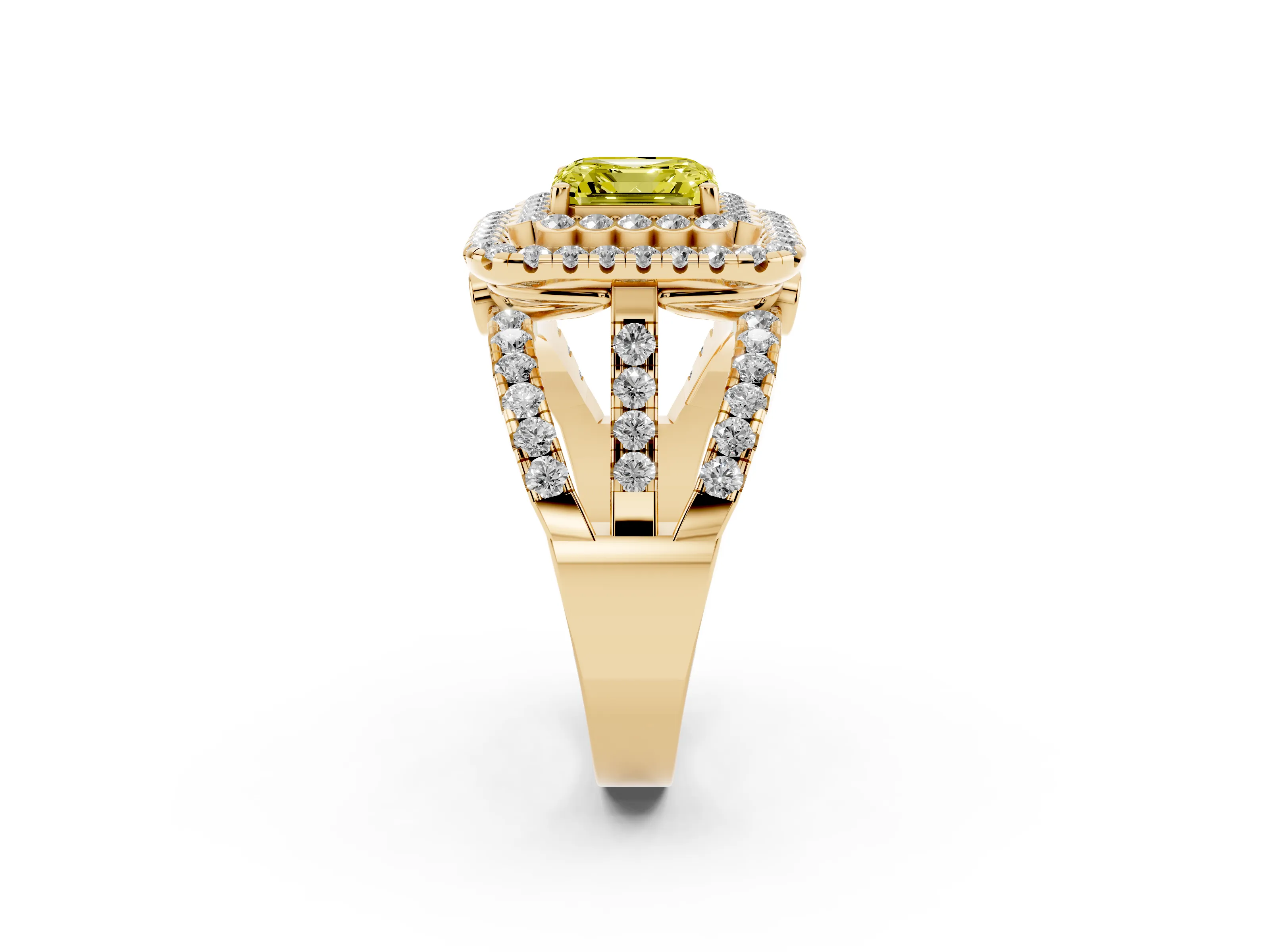 Fancy Yellow Asscher Cut Diamond Double Halo Ring Set in Yellow gold with Round Pavé Split Shank