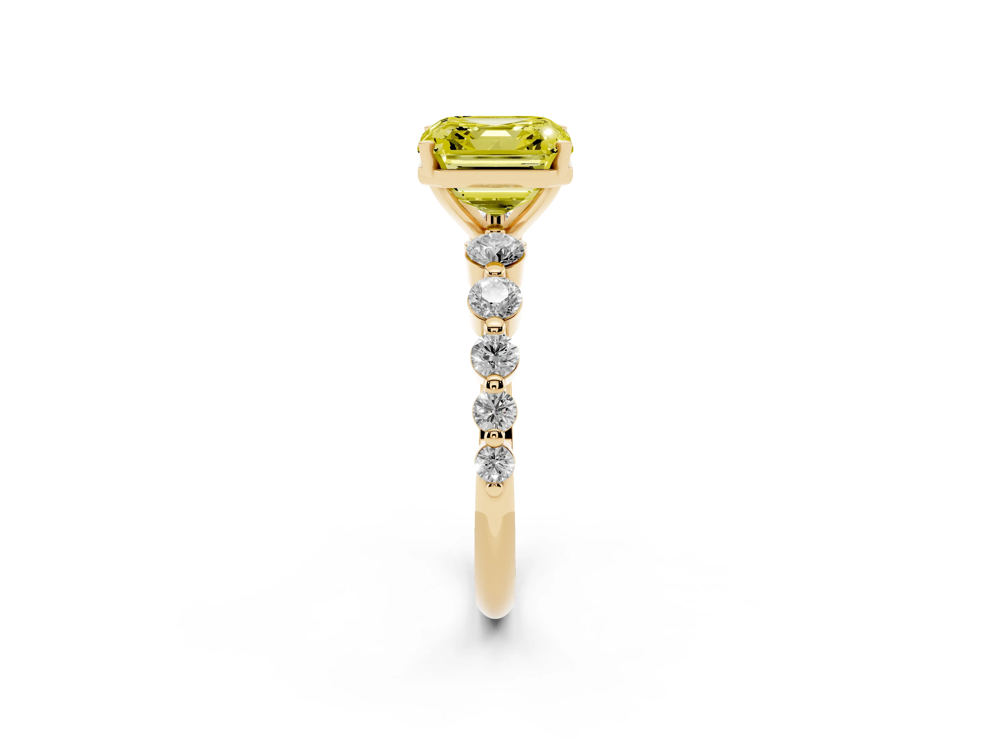 Fancy Yellow Asscher Cut Diamond Solitaire Ring Set in Yellow gold with Pavé Band and Prong Setting