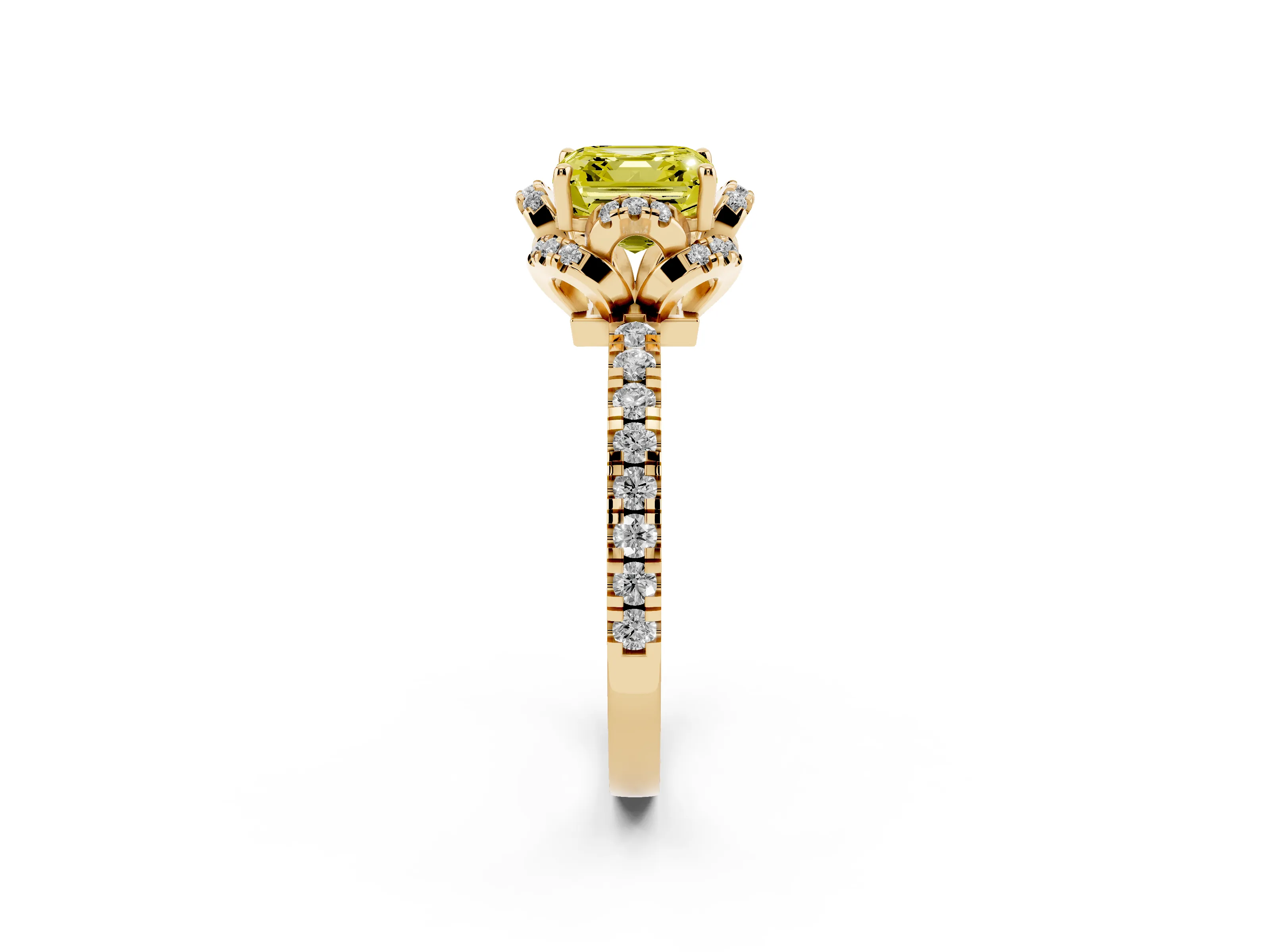 Fancy Yellow Asscher Cut Diamond Halo Pavé Band Ring Set in Yellow gold with Prong-Held Center