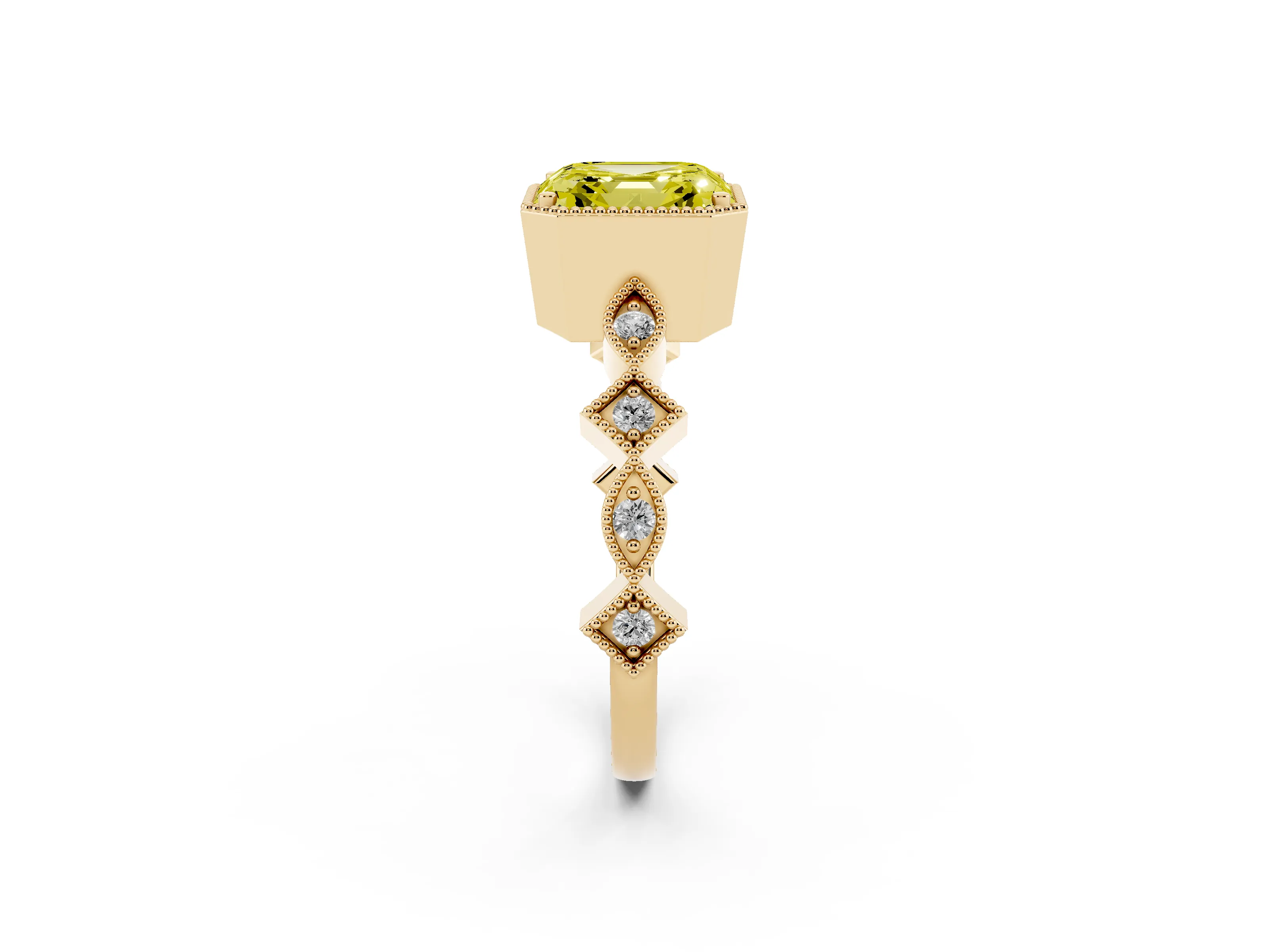 Fancy Yellow Asscher Cut Diamond Milgrain Marquise Twist Band Ring Set in Yellow gold with Prong Setting