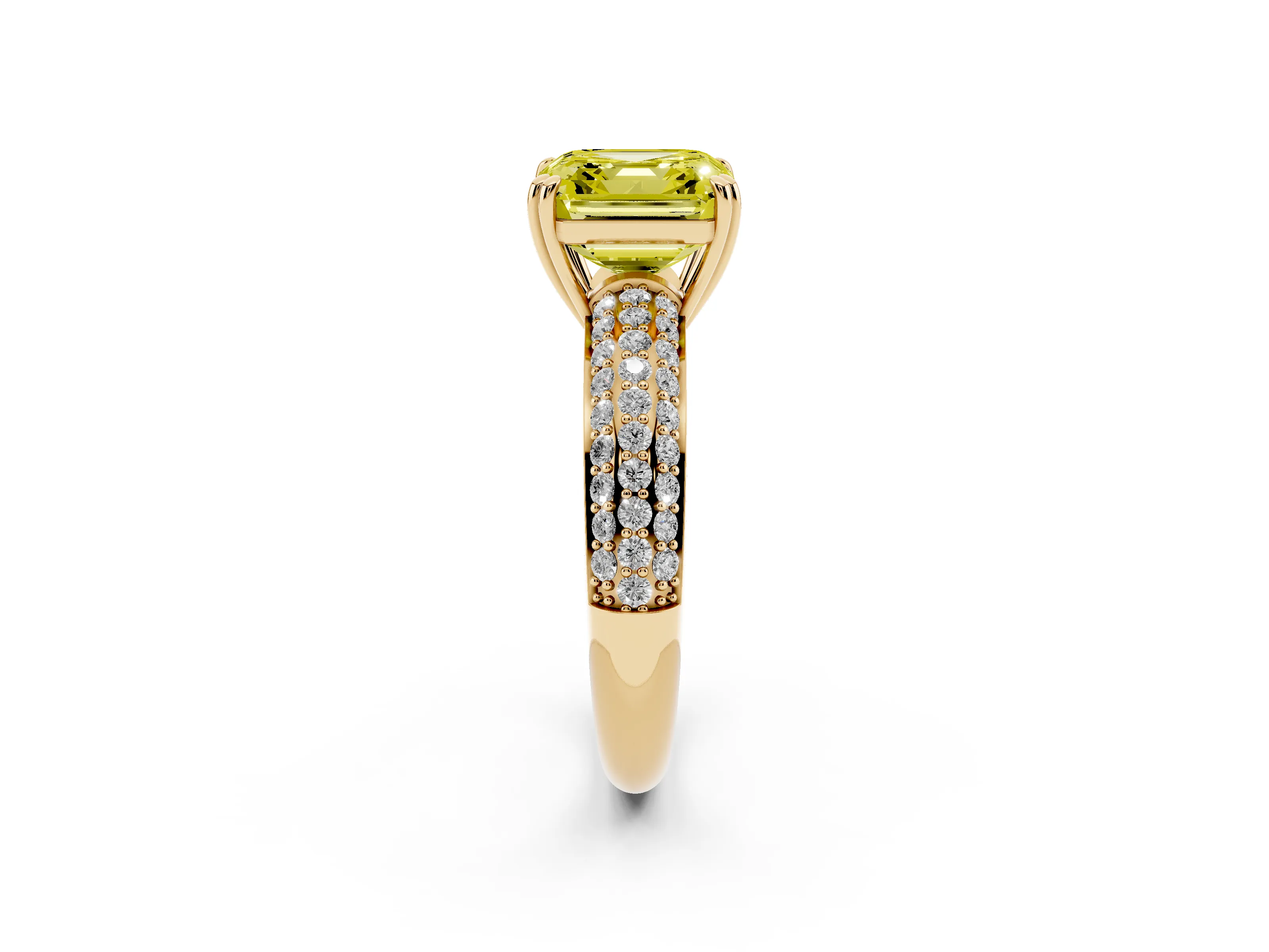 Fancy Yellow Asscher Cut Diamond Solitaire Ring Set in Yellow gold with Multi-Row Round Pavé Band and Prong Setting