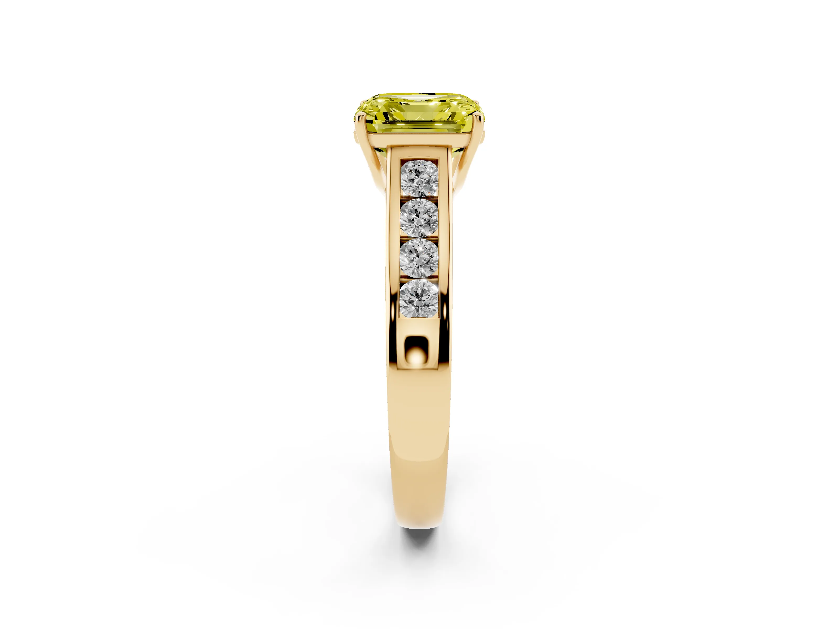 Fancy Yellow Asscher Cut Diamond Brilliant Channel-Set Solitaire Ring Set in Yellow gold with Prong Setting