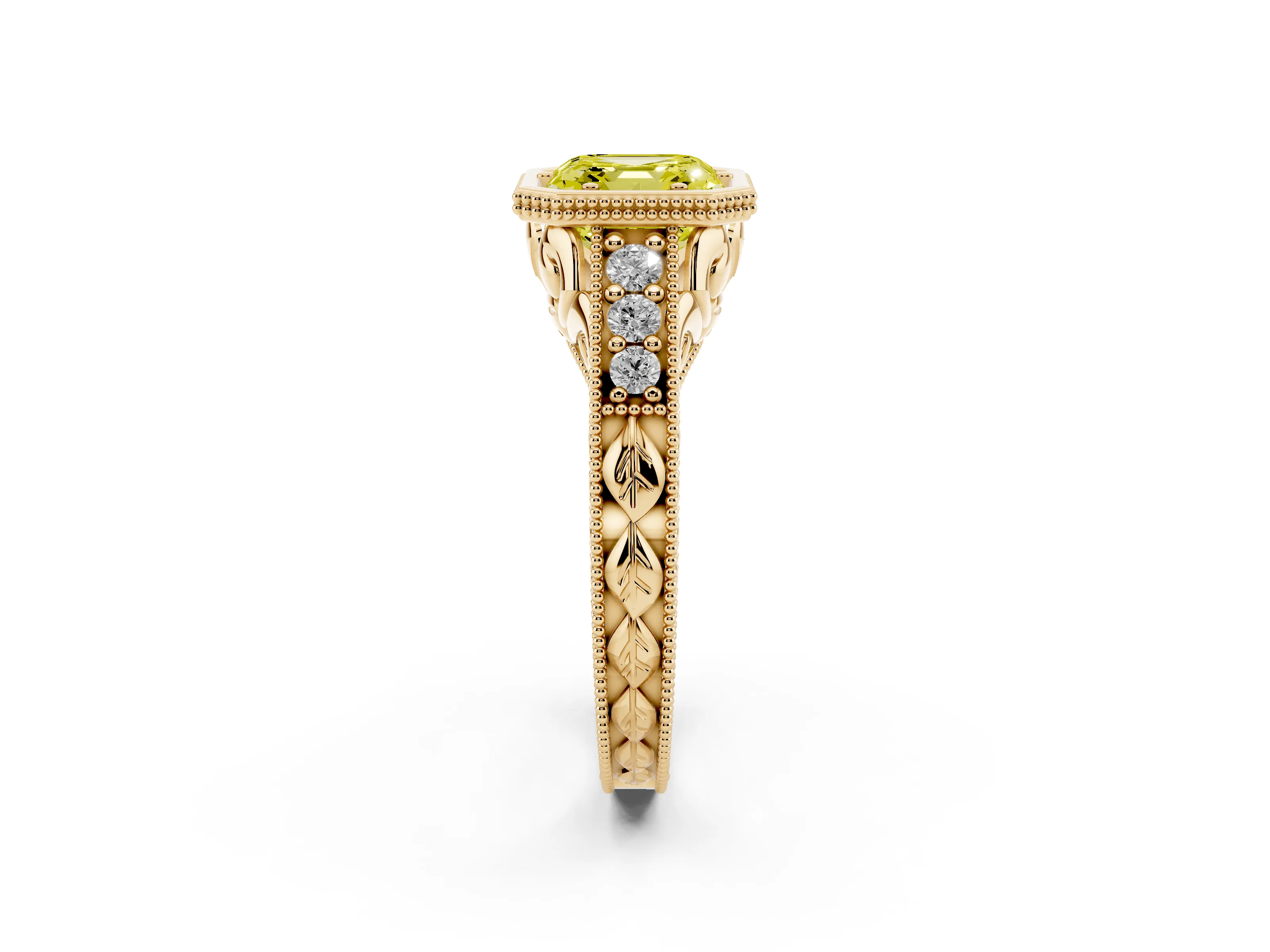 Fancy Yellow Bezel Set Asscher Cut Diamond Milgrain Pavé Engagement Ring Set in Yellow gold