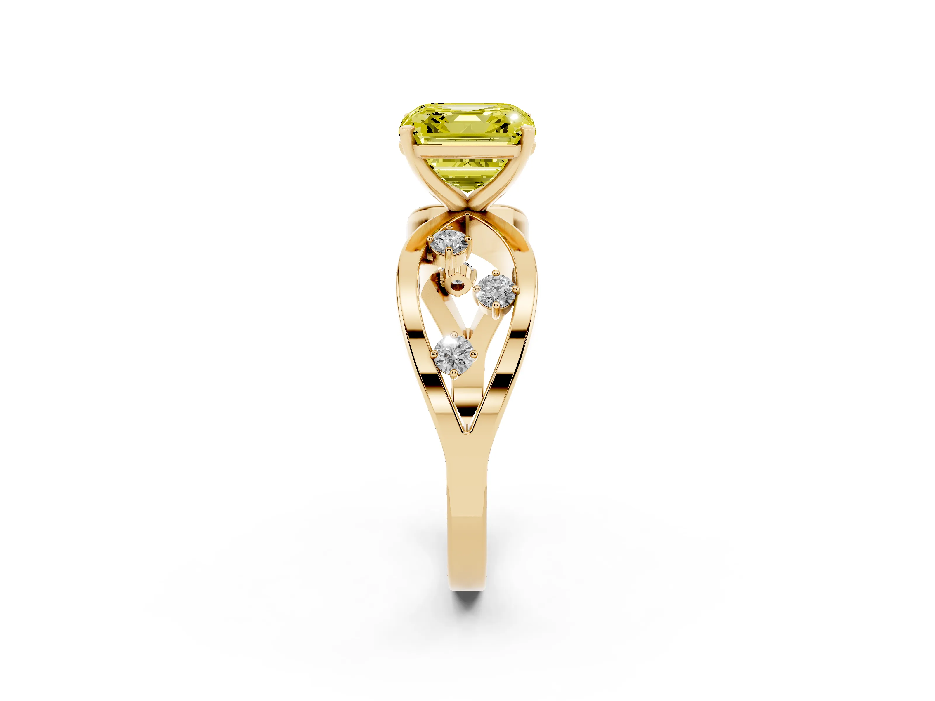 Fancy Yellow Asscher Cut Diamond Solitaire Ring Set in Yellow gold with Side Stones on Criss-Cross Band and Prong Setting