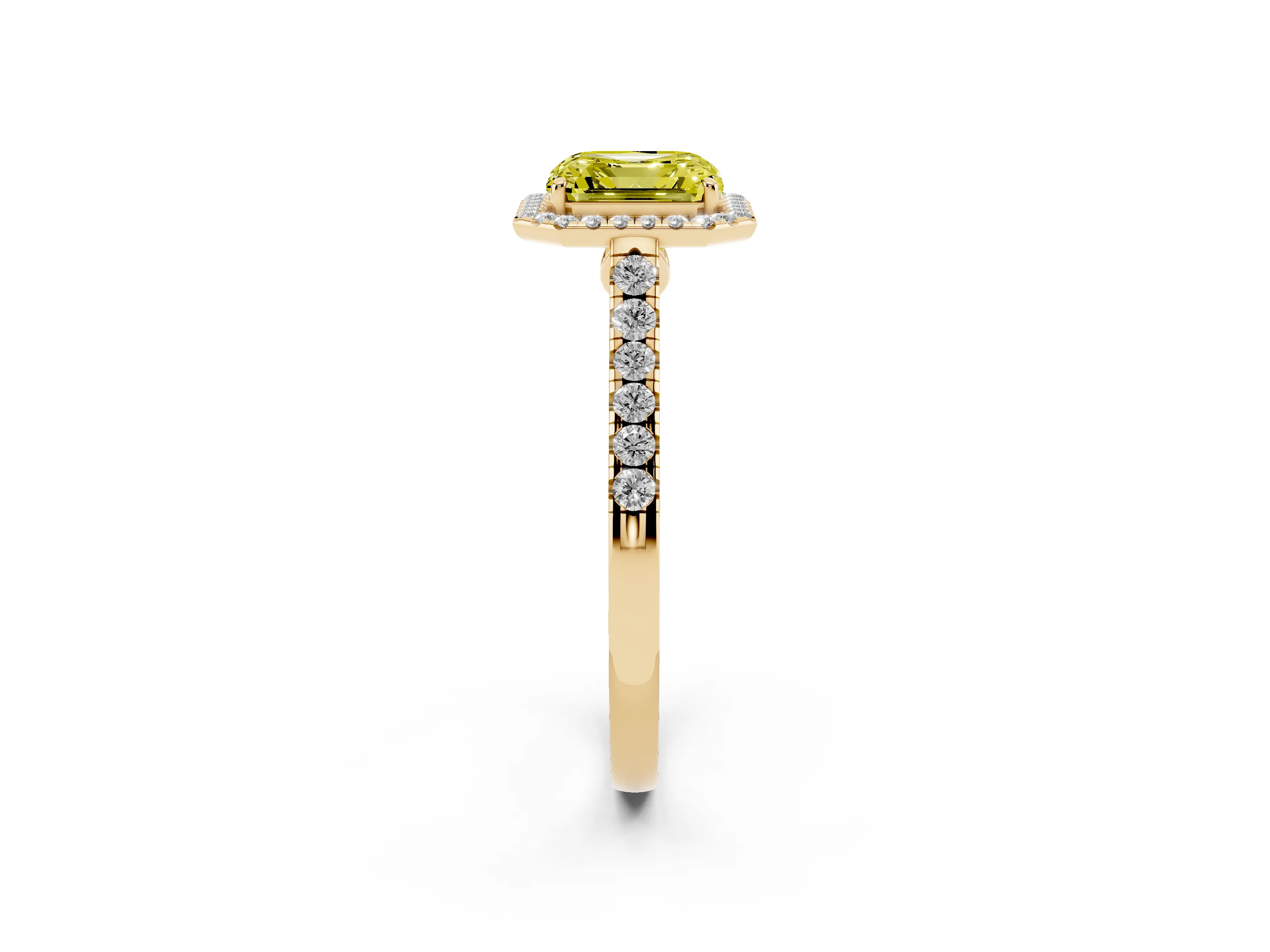 Fancy Yellow Asscher Cut Diamond Halo Pavé Engagement Ring Set in Yellow gold with Prong Setting