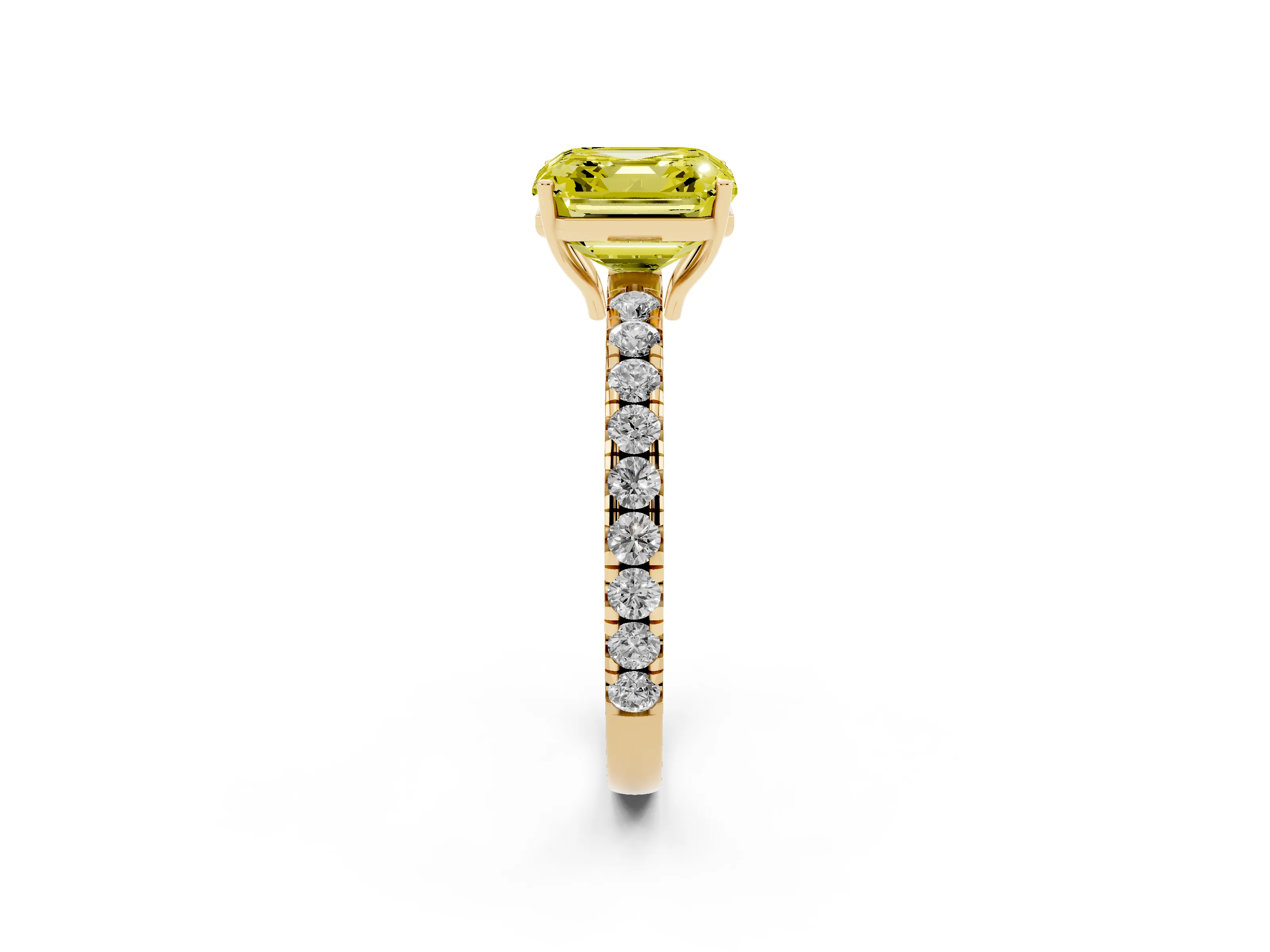 Fancy Yellow Asscher Cut Diamond Pavé Solitaire Engagement Ring Set in Yellow gold with Prong Setting