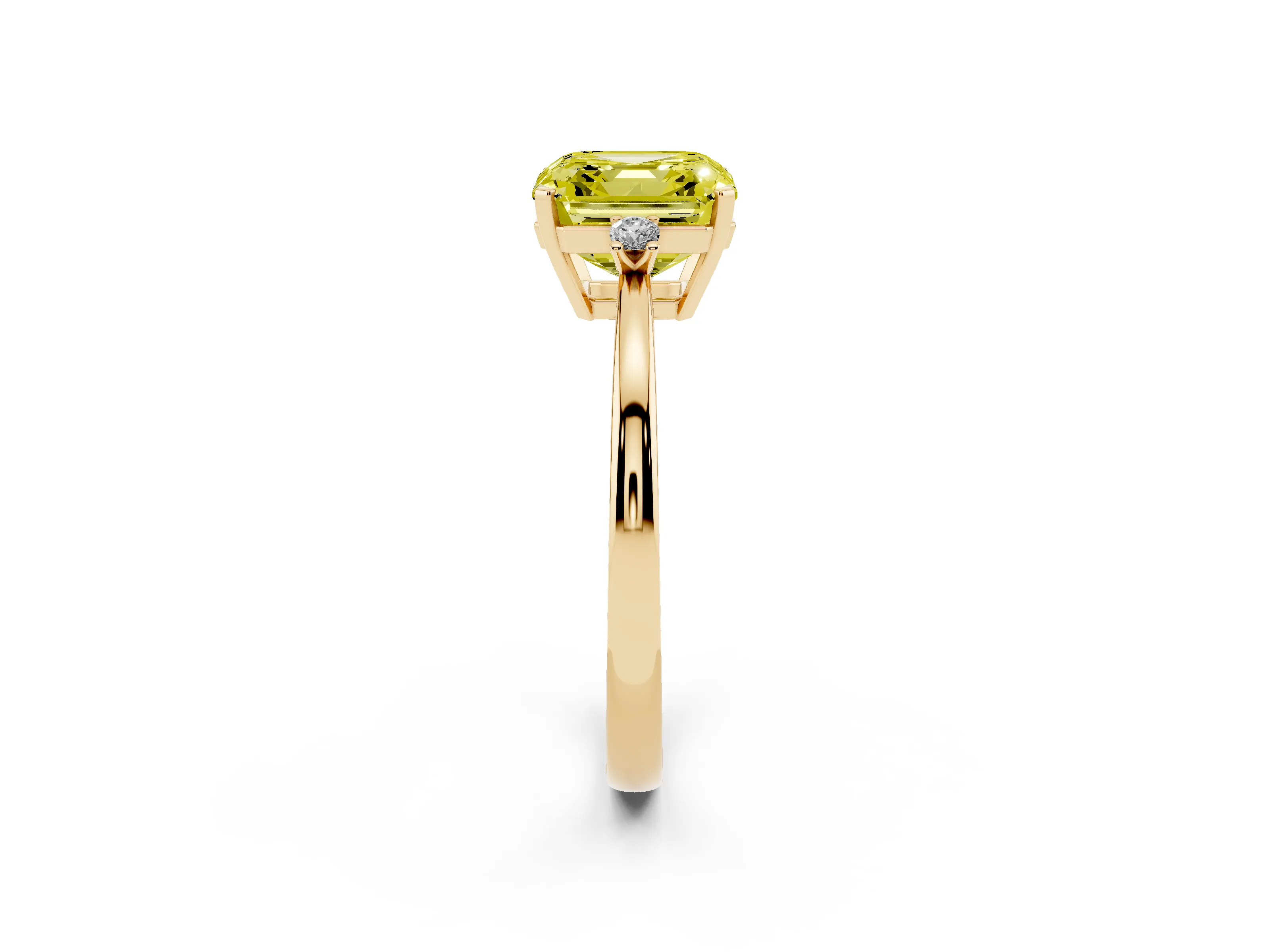 Fancy Yellow Three-Stone Asscher Cut Diamond Solitaire Ring Set in Yellow gold with Round Accent Stones and Prong Setting