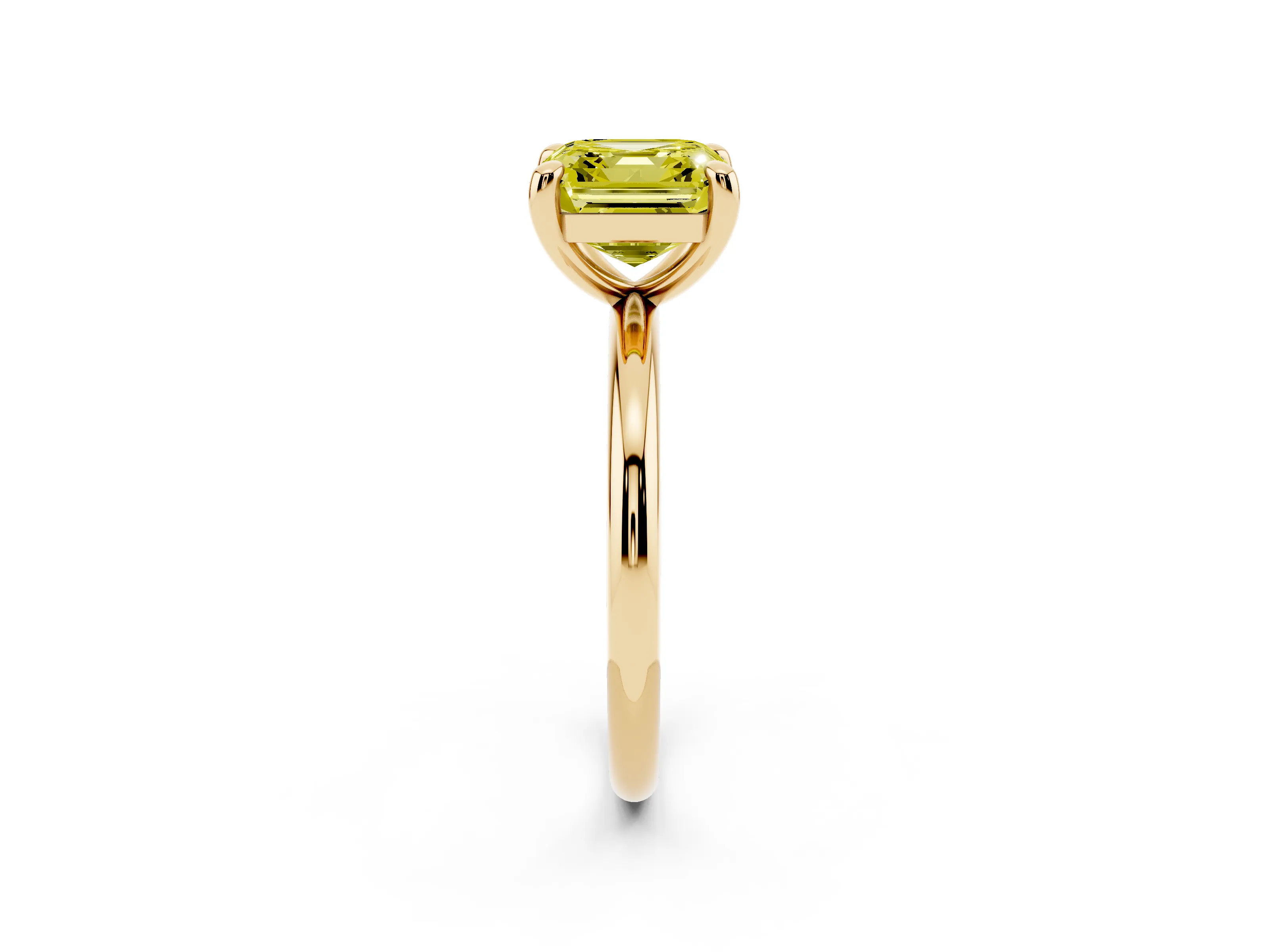 Fancy Yellow Asscher Cut Diamond Solitaire Ring Set in Yellow gold with Prong Setting on a Polished Plain Band