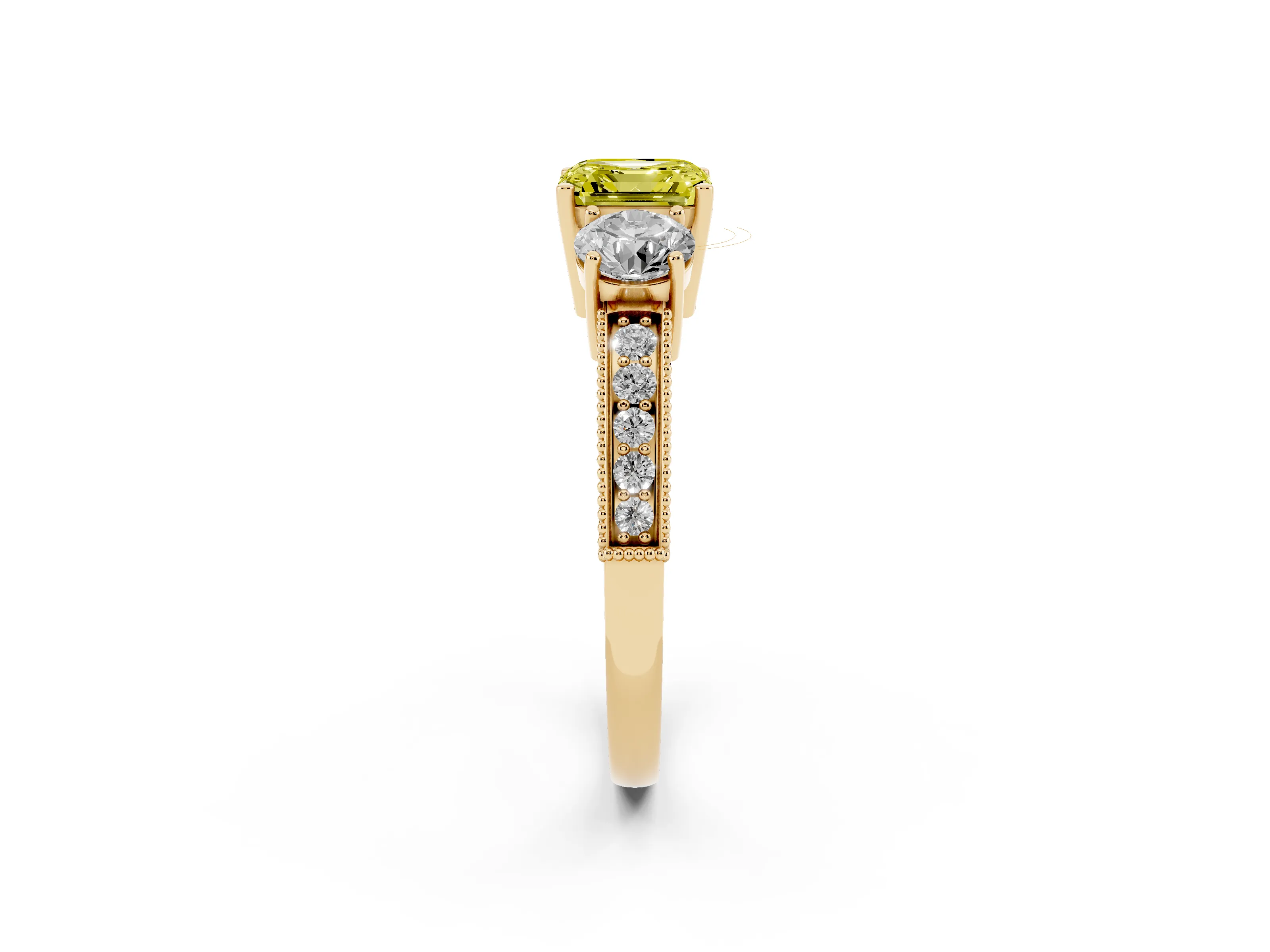 Fancy Yellow Asscher Cut Diamond Three-Stone Ring Set in Yellow gold with Round Side Stones and Pavé Band