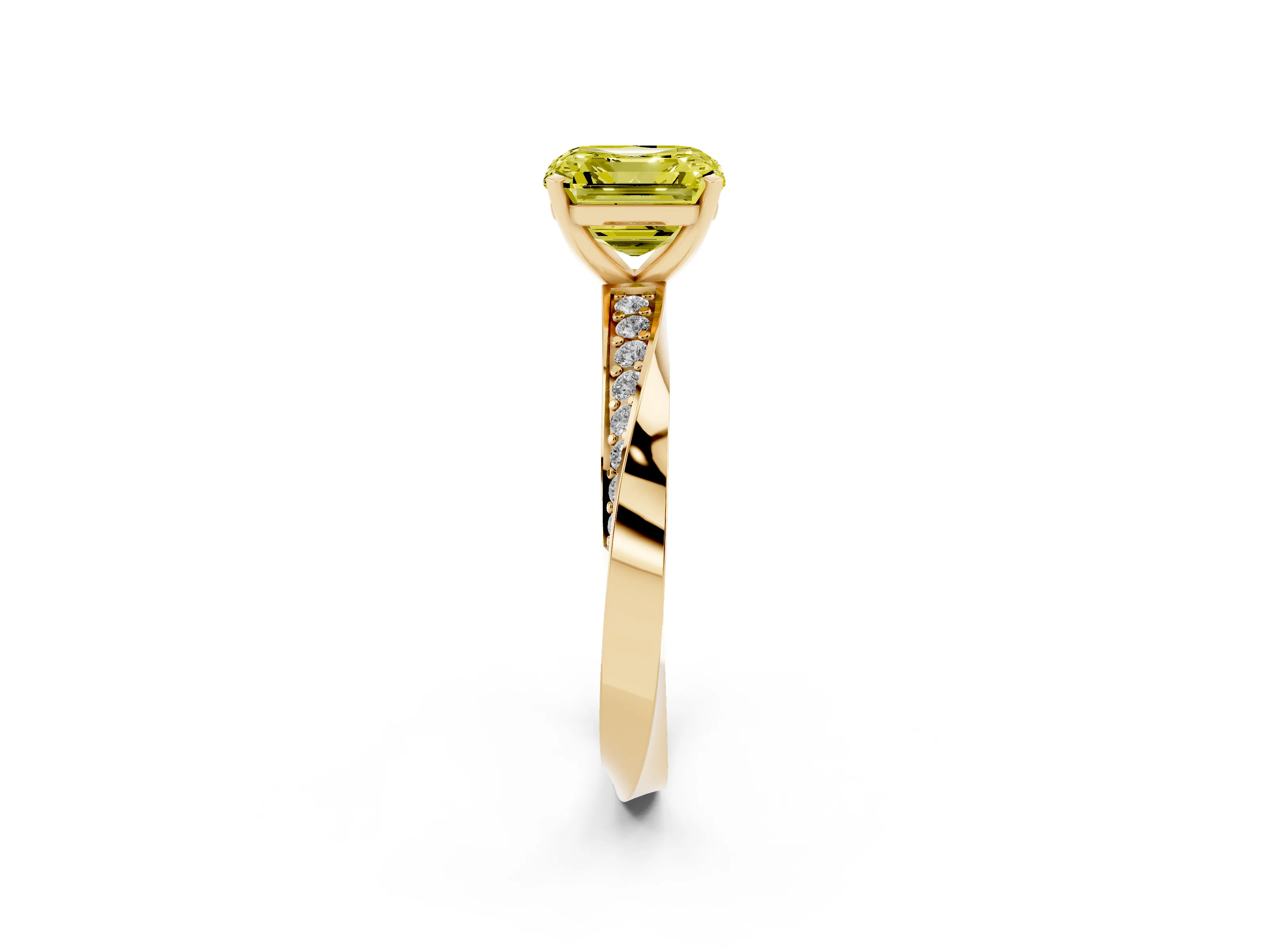 Fancy Yellow Asscher Cut Diamond Engagement Ring Set in Yellow gold with Side Stone Accents and Prong Setting