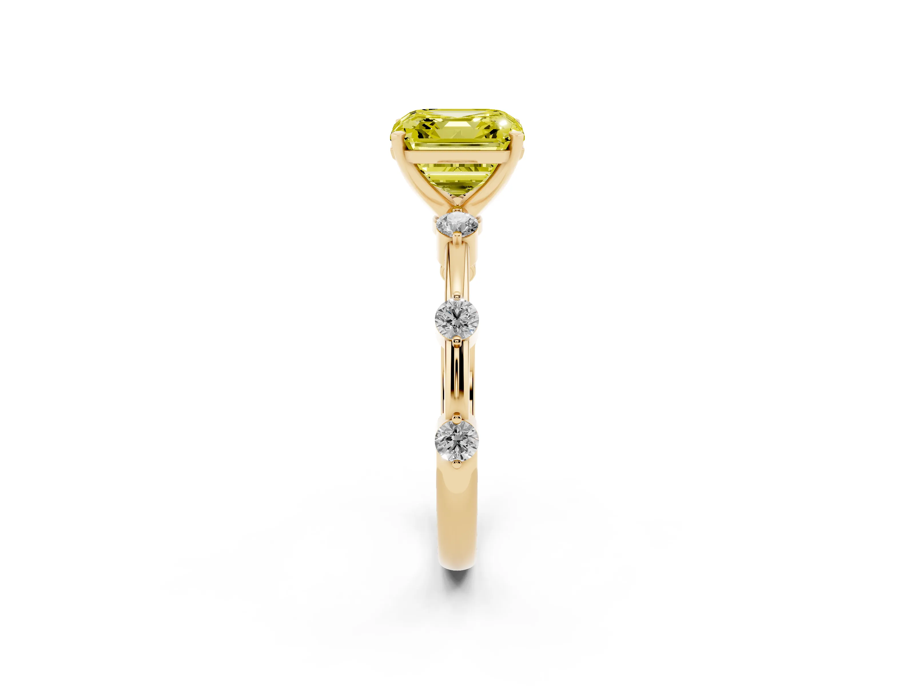 Fancy Yellow Asscher Cut Diamond Solitaire Ring Set in Yellow gold with Bezel Set Side Stones and Prong Setting