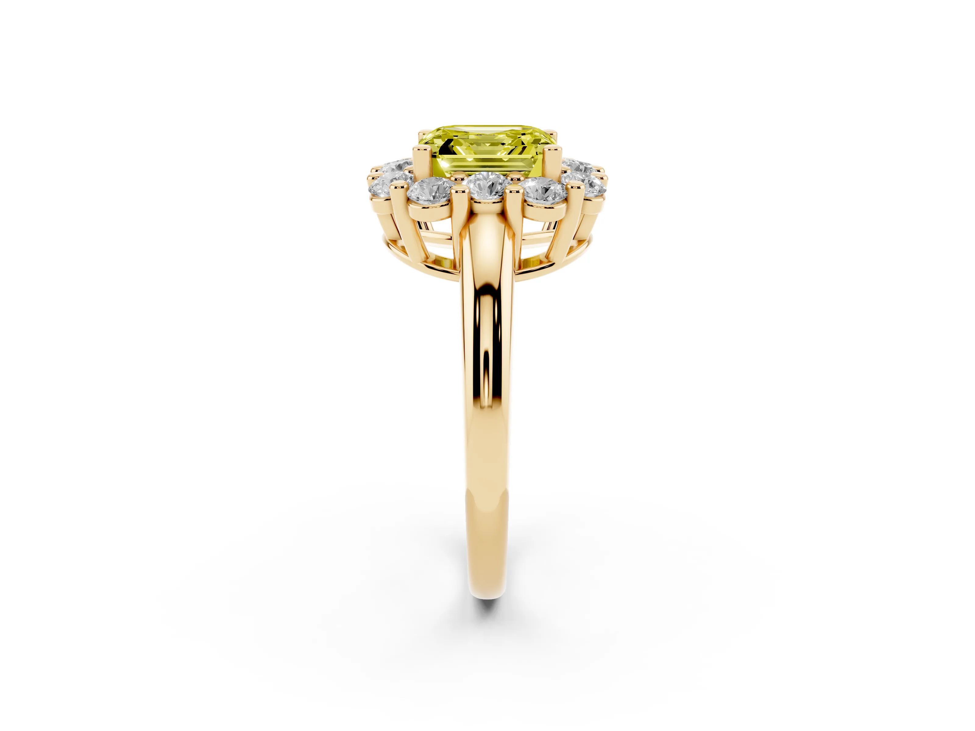 Fancy Yellow Asscher Cut Diamond Halo Cluster Engagement Ring Set in Yellow gold with Polished Band and Prong Setting