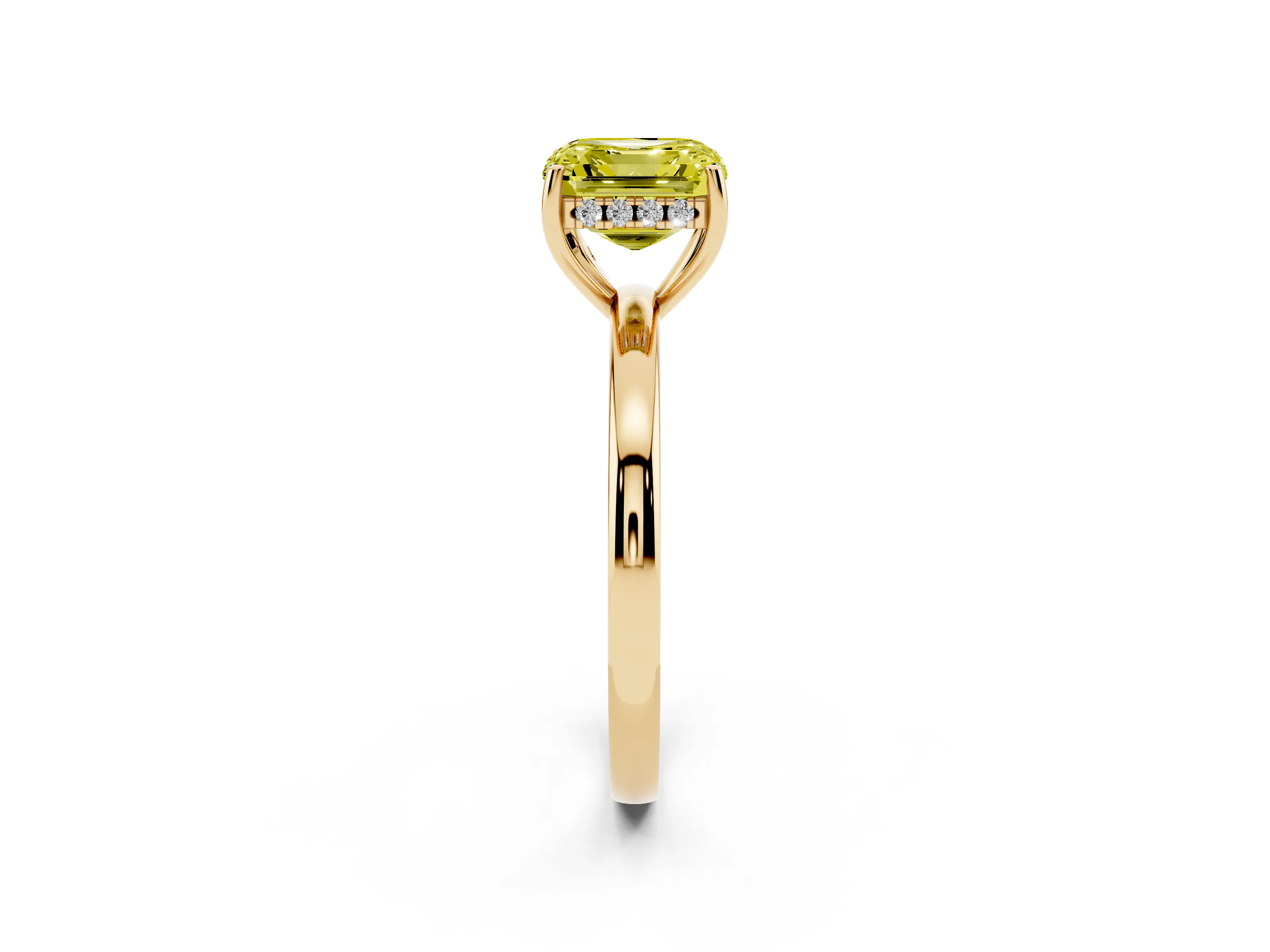 Fancy Yellow Asscher Cut Diamond Solitaire Ring Set in Yellow gold with Plain Band and Prong Setting
