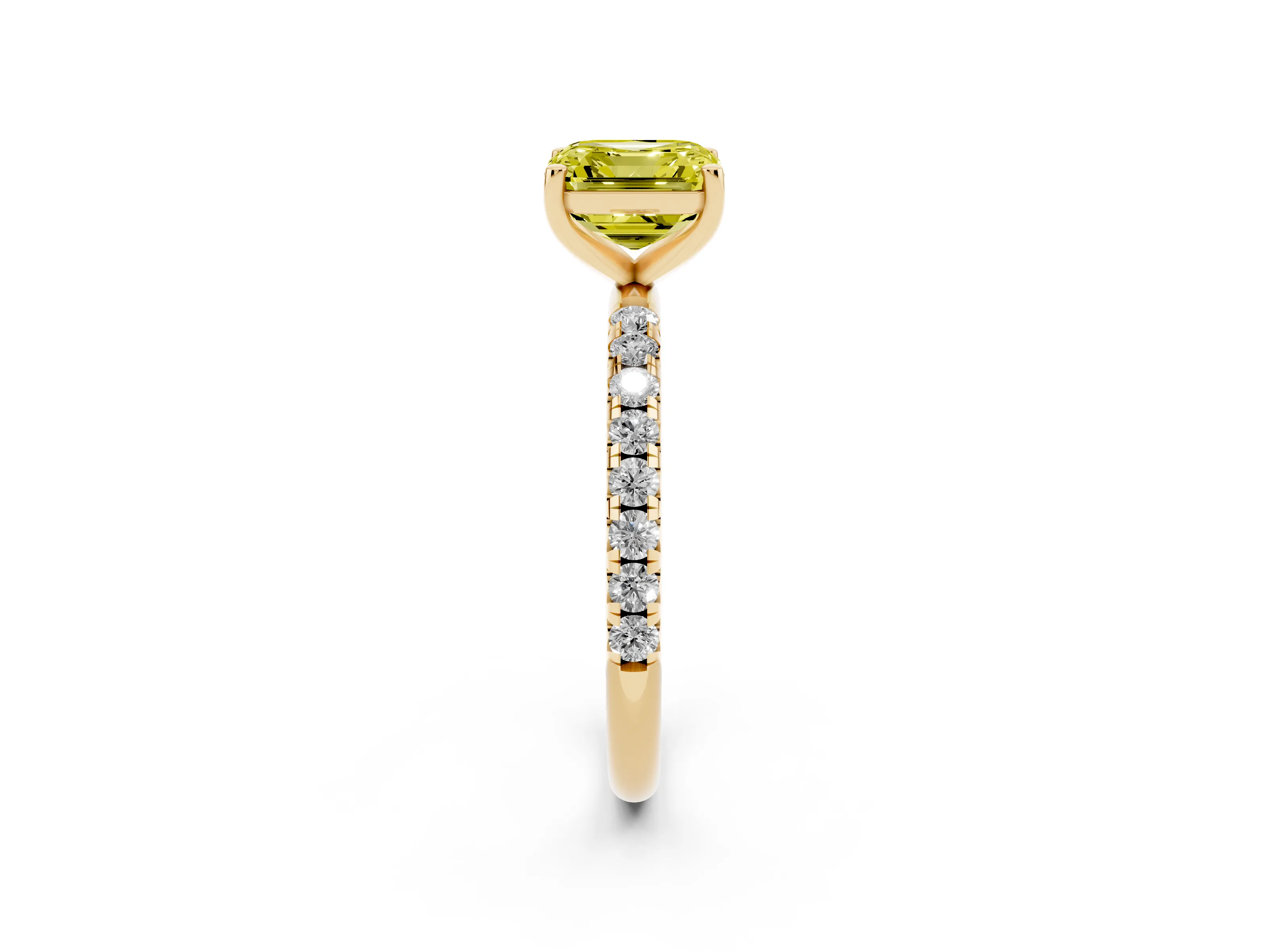 Fancy Yellow Asscher Cut Diamond Solitaire Ring Set in Yellow gold with Micro Pavé Band and Prong Setting
